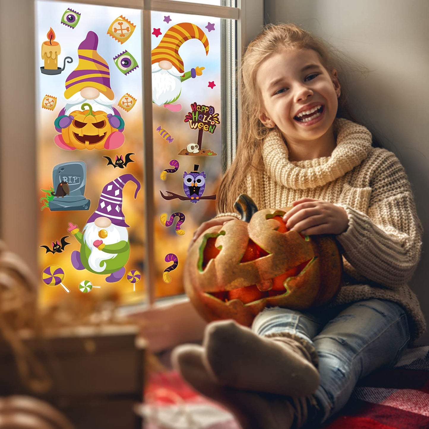 LOKIPA Halloween Gnome Window Clings Decals Decorations, 8 Sheets Window Stickers for Halloween Windows Glass Decorations