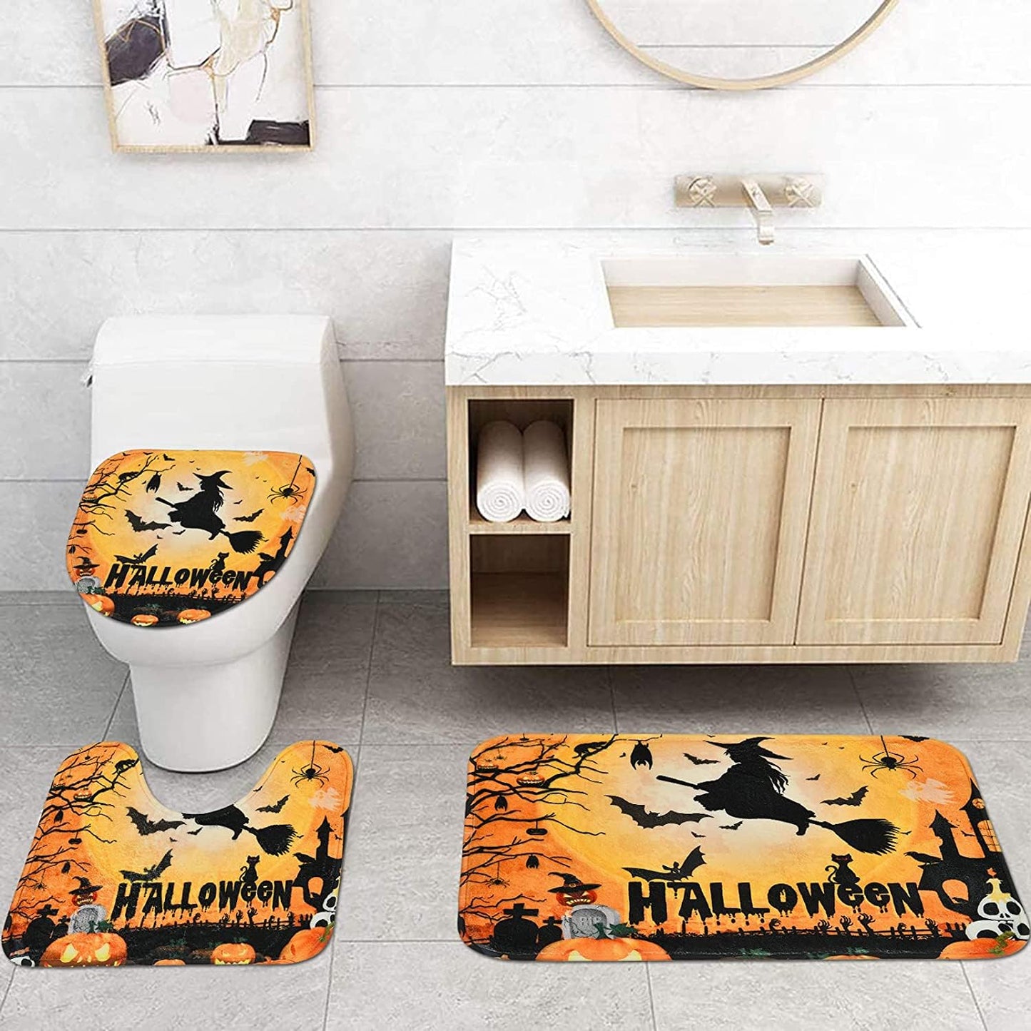 Yizheer Halloween 4Pcs Pumpkin Shower Curtain Sets with Non-Slip Rugs, Toilet Lid Cover and Bath Mat, Haunted House Waterproof Shower Curtains Bathroom Decor Set Halloween Decor