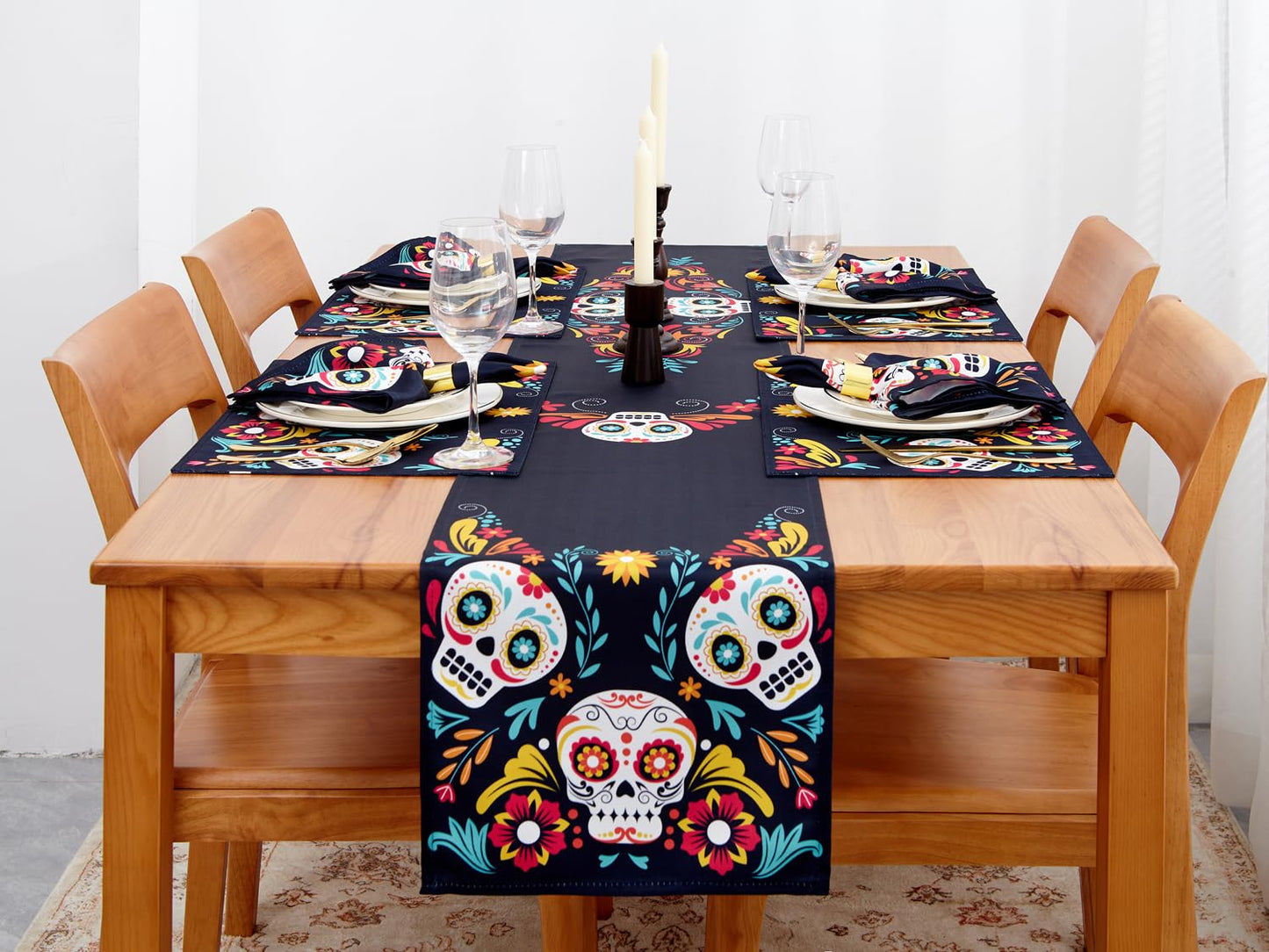 YiHomer Day of The Dead Halloween Tabletop - Dia De Los Muertos Floral Skeleton Mask, Cinco De Mayo Mexican Fiesta Party Home Kitchen Dining Room Decor, Sugar Skull, Napkin Set, 20 x 20