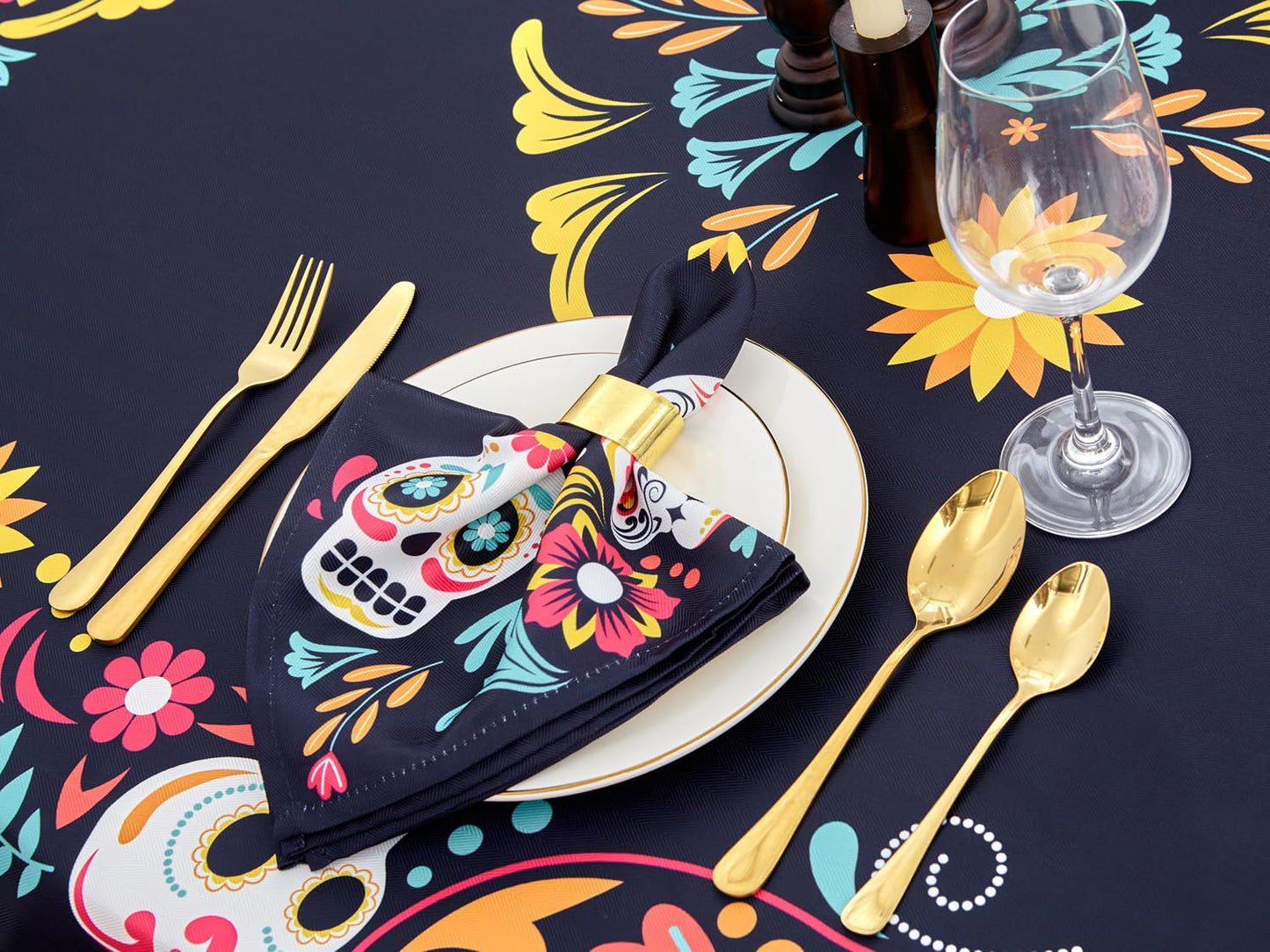 YiHomer Day of The Dead Halloween Tabletop - Dia De Los Muertos Floral Skeleton Mask, Cinco De Mayo Mexican Fiesta Party Home Kitchen Dining Room Decor, Sugar Skull, Napkin Set, 20 x 20