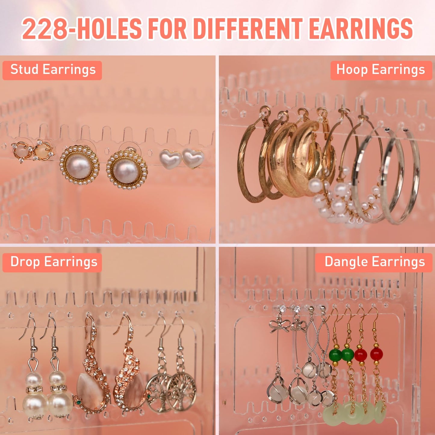 17Dec 360 Rotating Earring Holder Organizer Stand,5 Tiers Acrylic Jewelry Organizers and Storage,Stud Earring Organizers and Storage,228 Holes and 232 Grooves for Earrings Necklaces chain bracelet