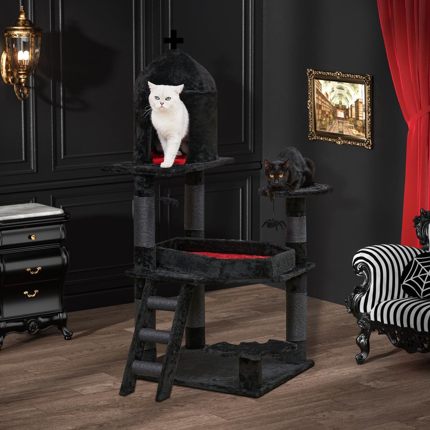 YARUOMY Gothic Cat Tree with Coffin Bed,55" Cat Tower with Spacious Cat Condo,Scratching Posts,Spider Hanging Ball,Multi-Level Cat Activities Furniture for Large Cats, Black Halloween