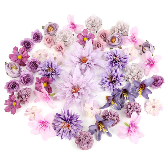LACGO 48 PCS Artificial Flowers Heads, Fake Daisy Heads Bulk Silk Faux Rose DIY Cake Decor Blossom Garland Wreath Bouquets Crafts for Halloween Wedding Bridal Baby Shower Home Party Decoration(Purple)