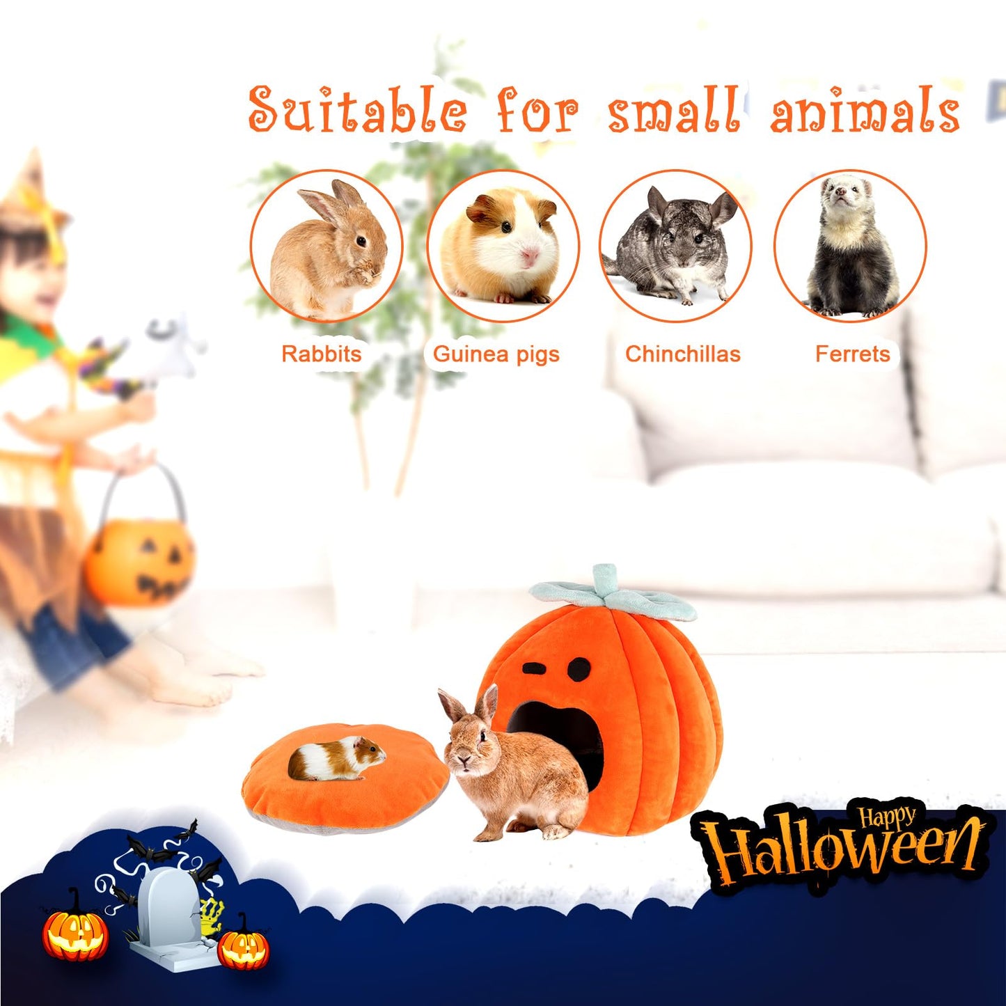 YUEPET Halloween Rabbit Bed Warm Bunny Hideout House, Cozy Washable Small Animal Hideout for Guinea Pig Rabbit Bunny Ferret Chinchilla 11.8"×11.8"