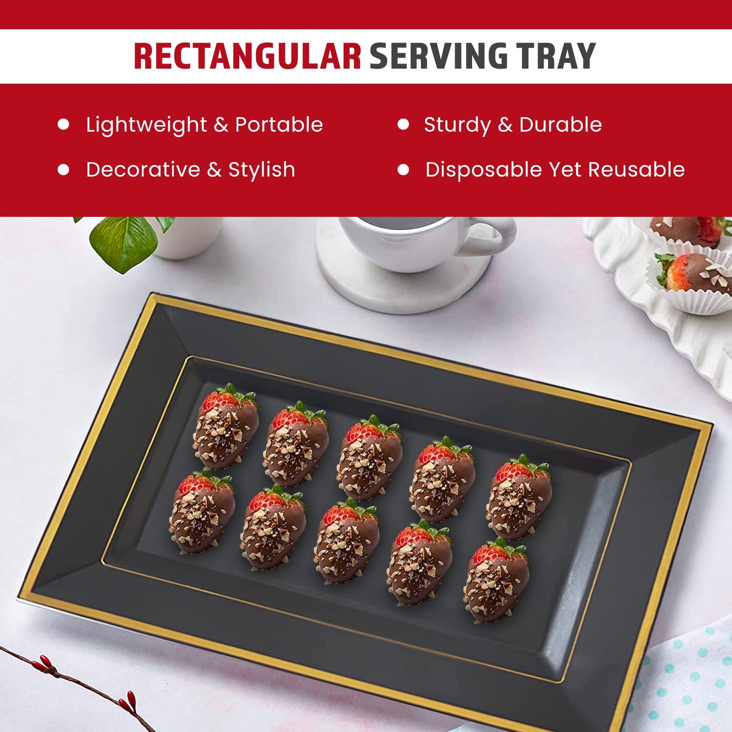 Yumchikel Black & Gold Rim Rectangular Plastic Serving Trays, 13 x 8 Inches, 6 Pack, Durable Disposable, Ideal for Food, Dessert, Cake, Drinks