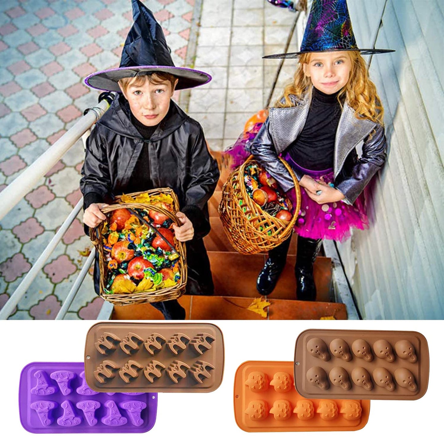 4 Pack Halloween Silicone Baking Molds,Pumpkin Skull Bat Wizard Hat Shape Cake Mold Chocolate Gummy Molds Ice Tray Cake Decor for Halloween Party Decorations Kitchen DIY Baking Tools