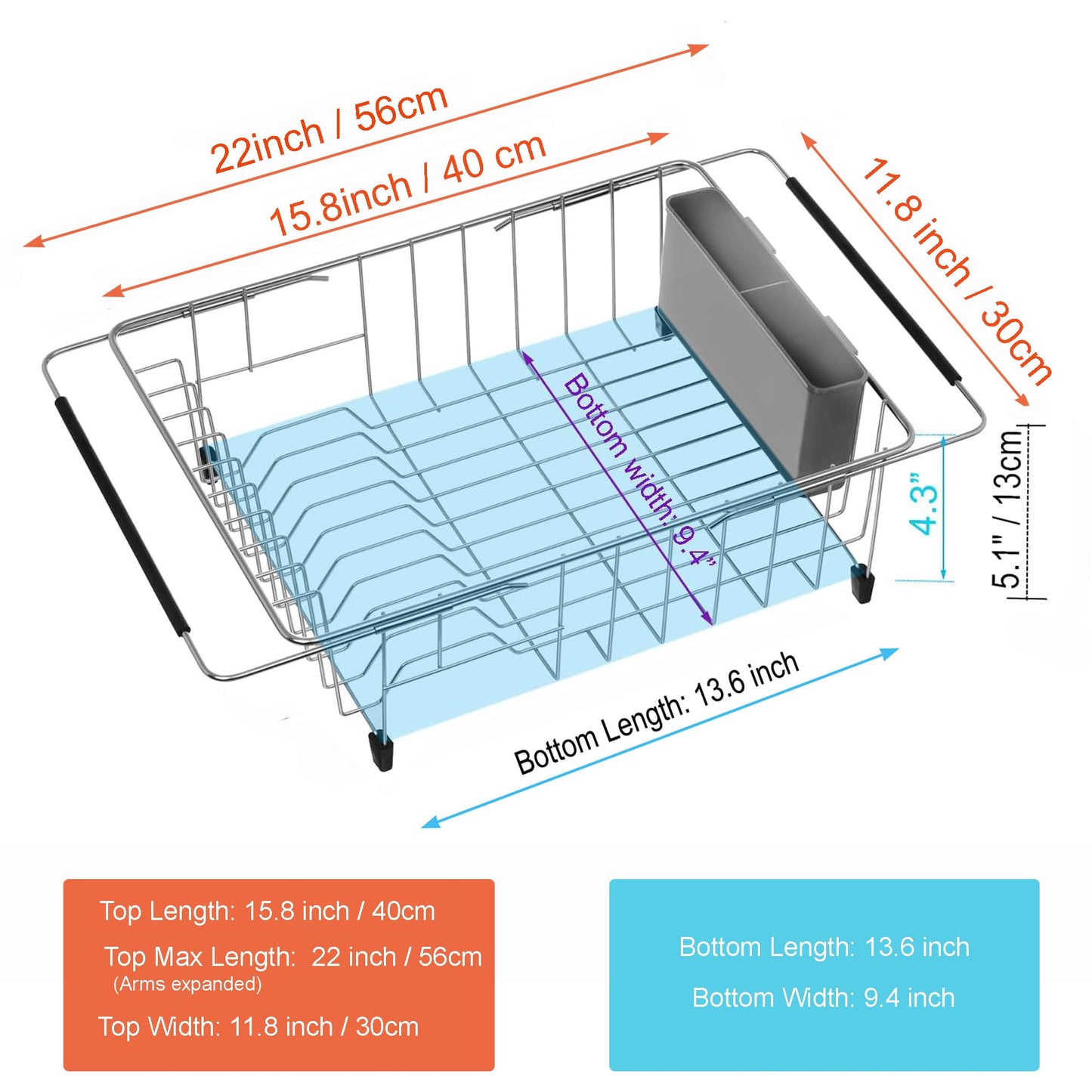 iPEGTOP Expandable Deep & Large Dish Drying Rack, Over The Sink, in Sink Or On Counter Dish Drainer Basket Shelf with Removable Grey Utensil Silverware Holder, Rustproof Stainless Steel