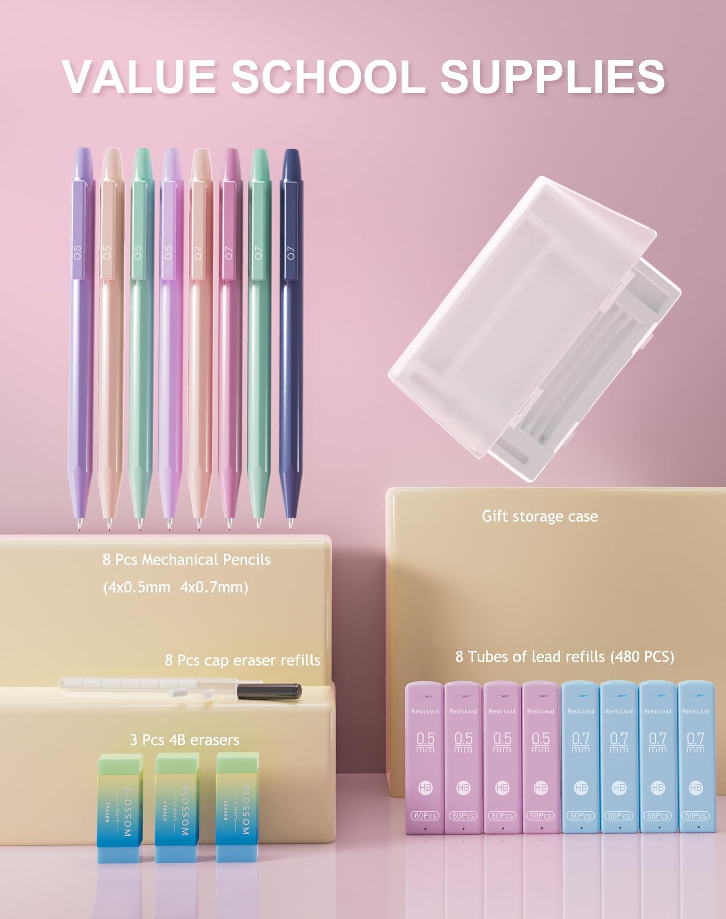 20PACK Mechanical Pencil, 8Pcs 0.5 0.7mm Mechanical Pencils Set With Eraser and 480 Pcs Refills, Cute Colored Preppy School Supplies Gift for Girls Writing - Come With Custom Case