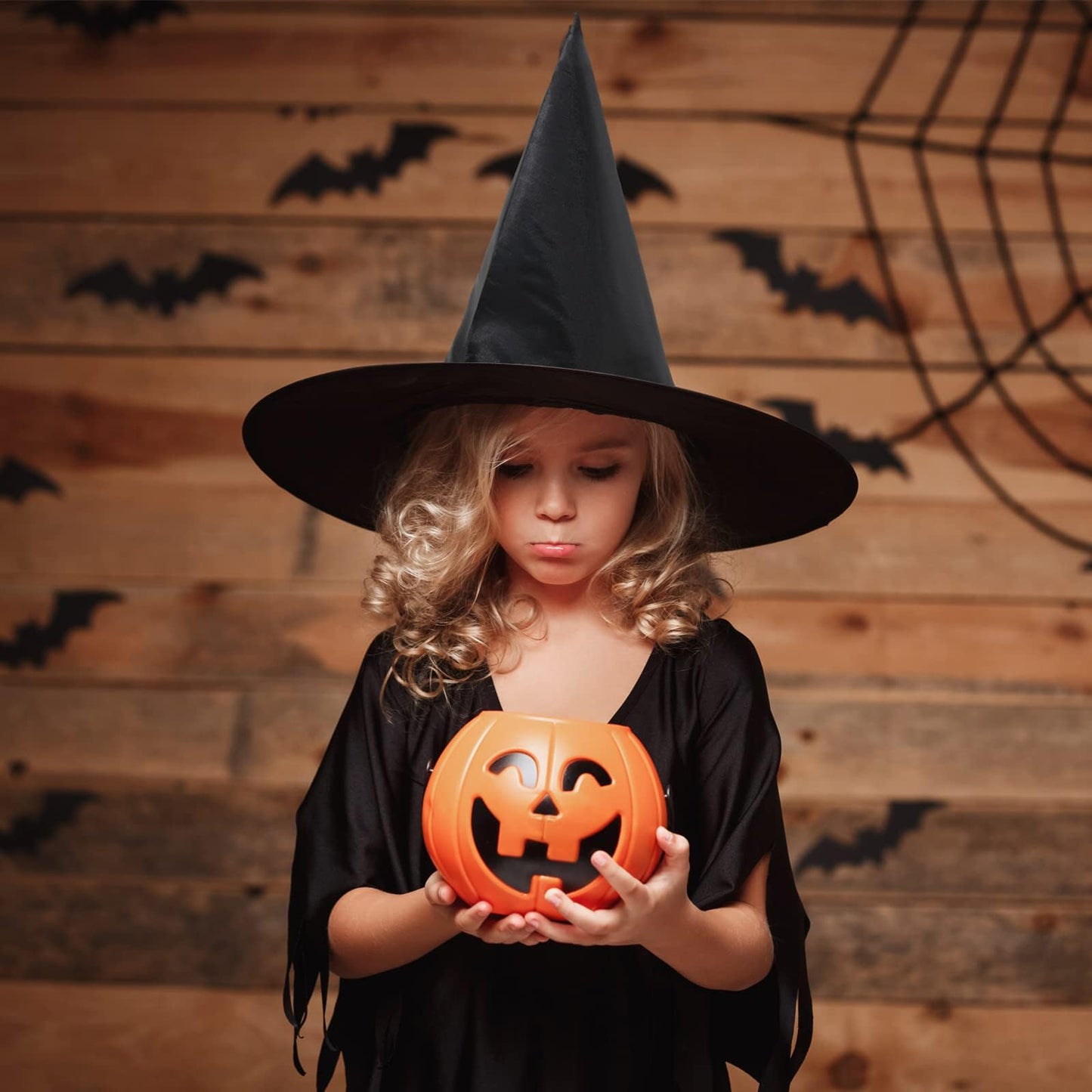 ZeeDix 12 Pcs Halloween Witch Hats, Black Hanging Witches Hat with 98 Ft Hanging Rope, Halloween Costume Accessories Party Decoration