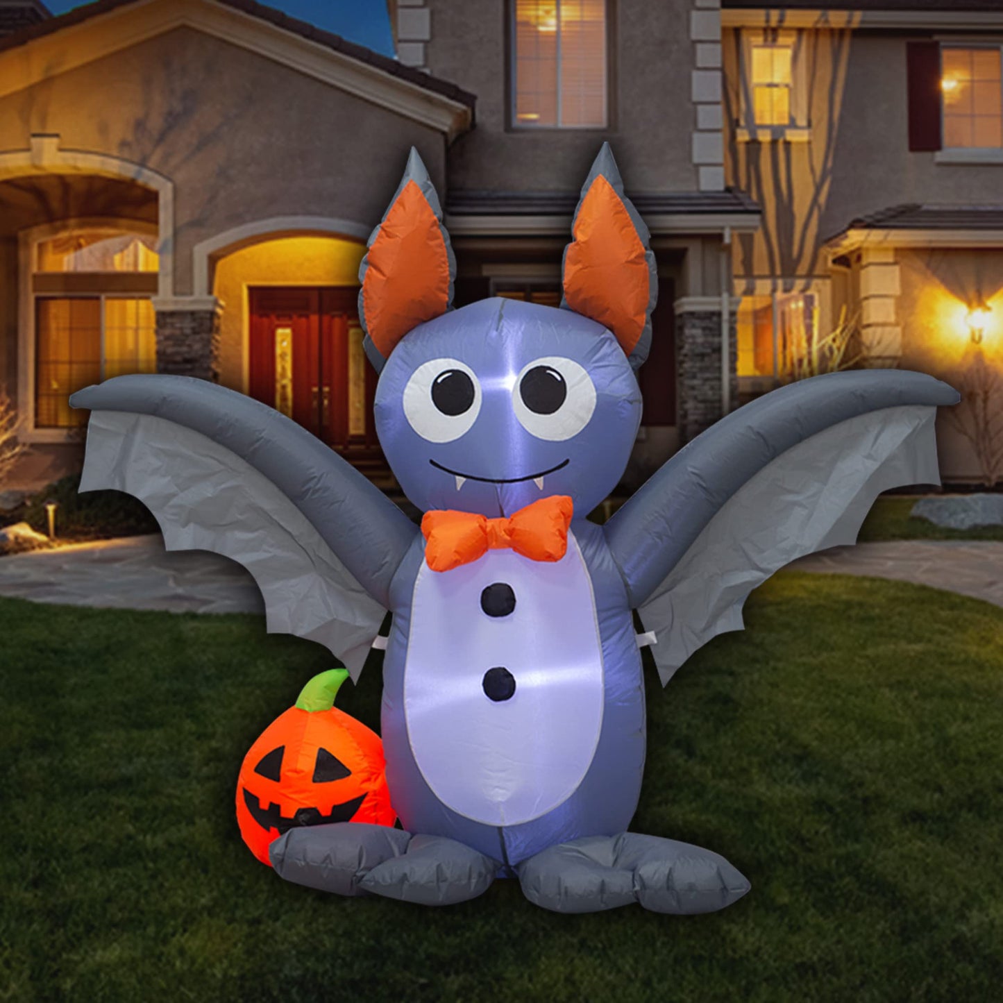 Ycolnaefllr 4 Foot Long Lighted Halloween Inflatable Bat & Pumpkin LED Lights Decor Outdoor Indoor Holiday Decorations, Blow up Lighted Yard Decor, Giant Lawn Inflatables Home Family Outside