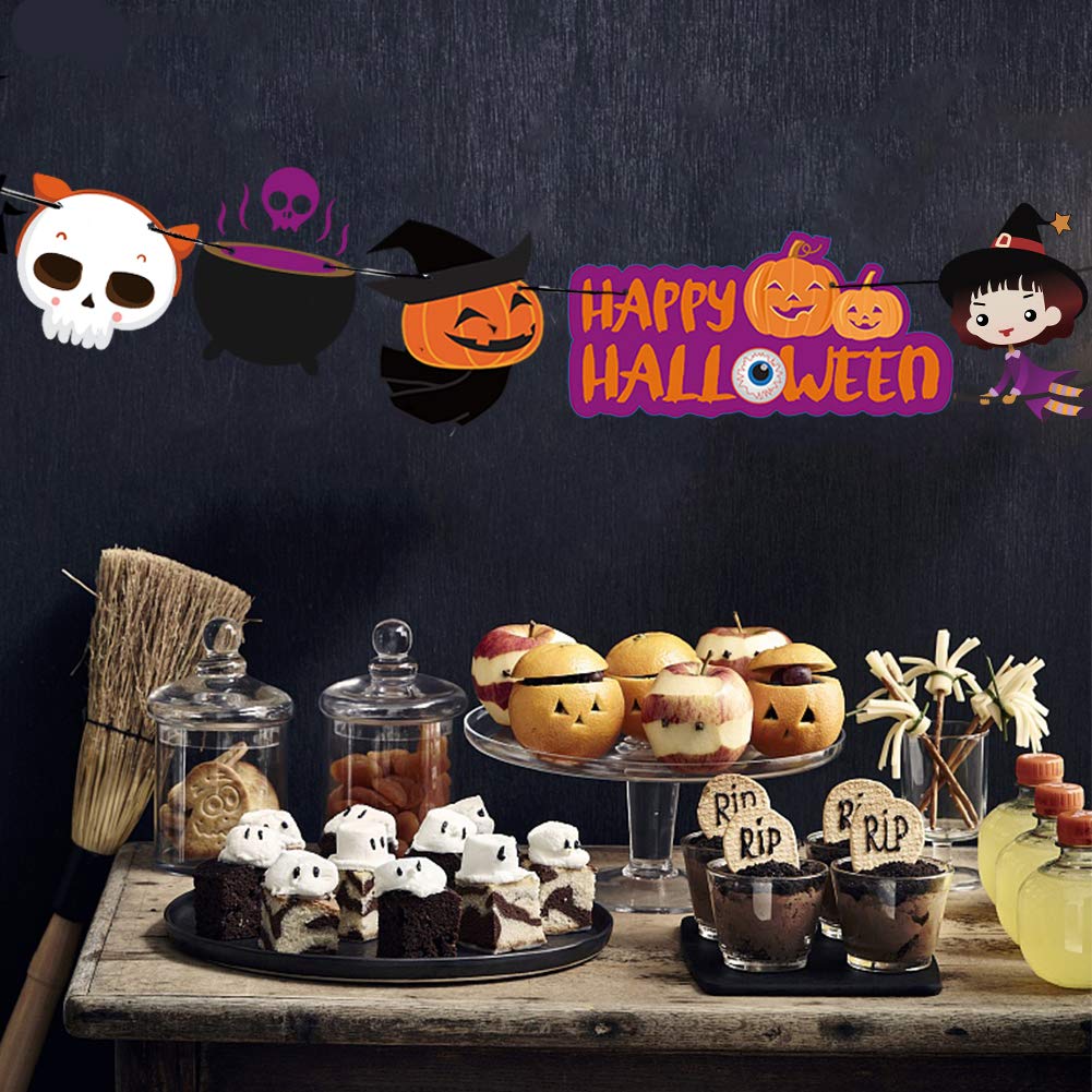 2025 Halloween Banner Party Decoration(Pre-Assembled) Cute Halloween Garland Bunting Banner Triangle Flag with Foil Swirl Ceiling Hanging Cards, Pumpkin Ghost Witches Bat Spider Skull Sticker
