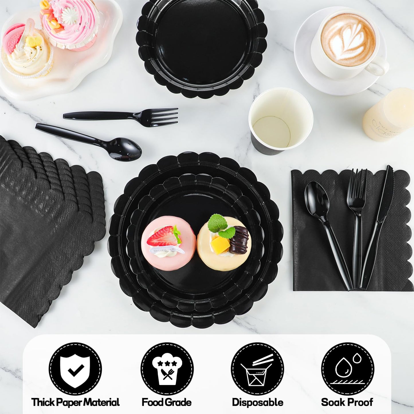 Xiangqu 175 Pcs Black Plates and Napkins 25 Guest Halloween Plates Set Black Party Supplies Includes Scalloped Party Plate Napkins Cups Plastic Cutlery for Birthday, Halloween, New Year