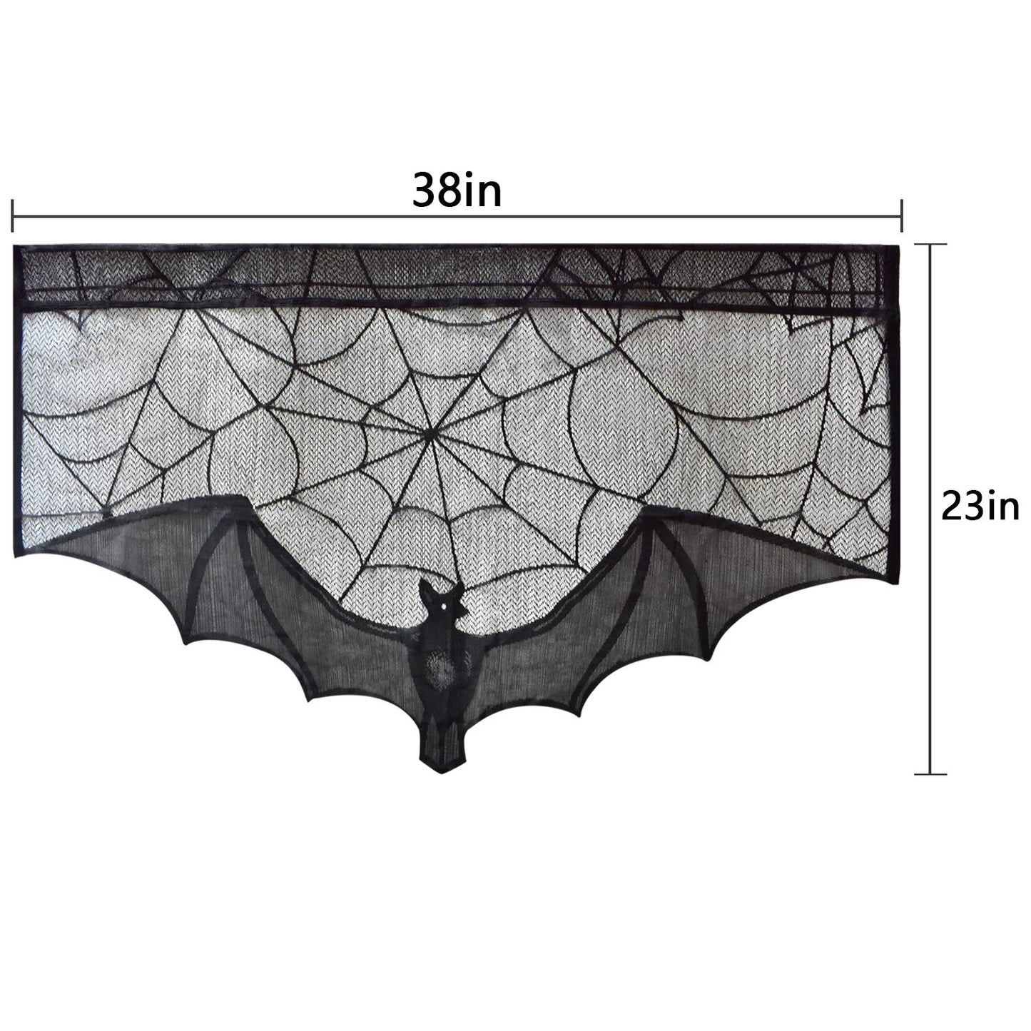 ZeeDix 2 Pcs Halloween Black Lace Bat Window Curtains- Spiderweb Tablecloth Bat Shower Curtain Window Valance Spider Cobweb Fireplace Mantles Scarf for Halloween Party Decor, Party Supplies