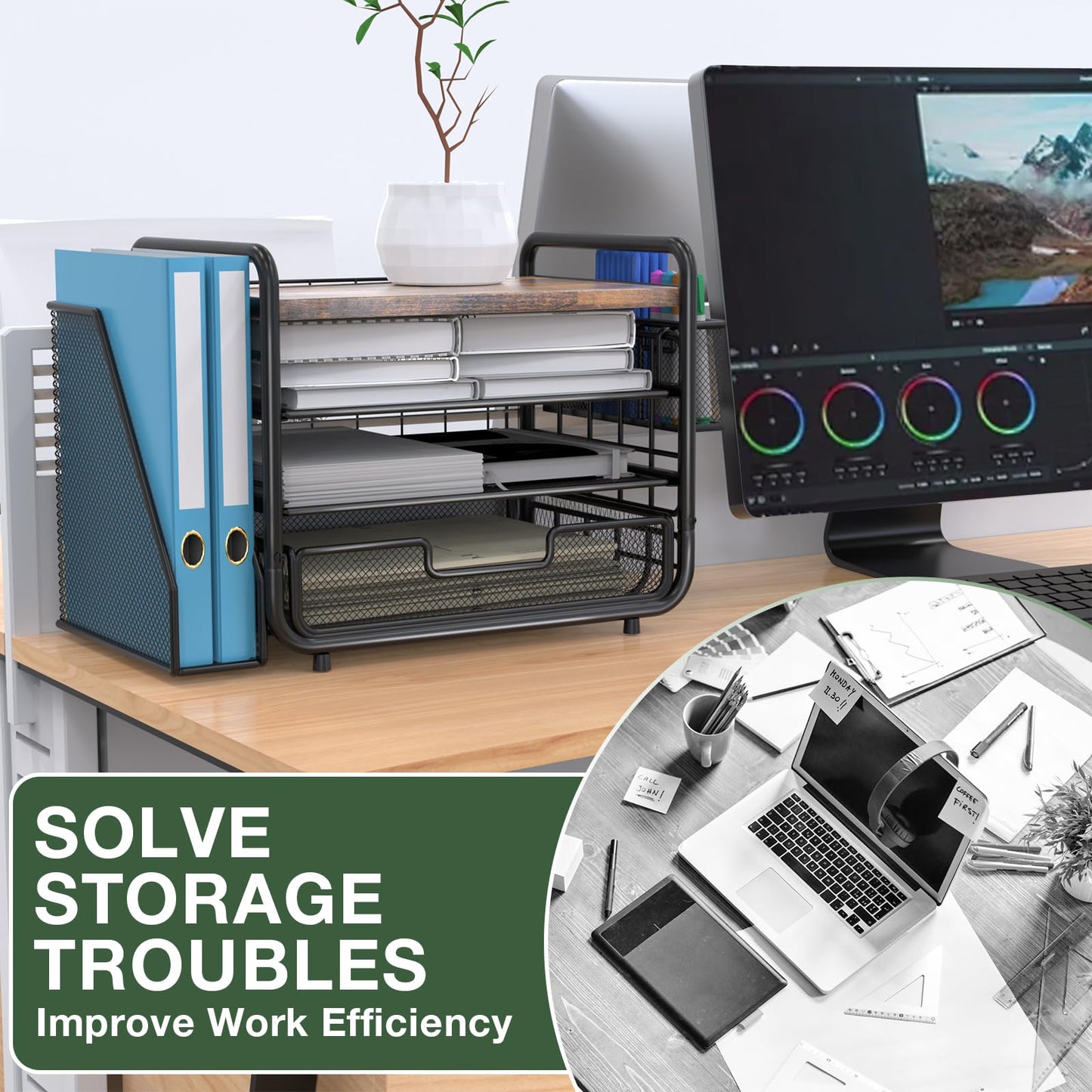 2025 New Large Capacity Desk Organizer with Drawer, Wooden 4-Tier Paper Organizer Letter Tray with File Holder and Pen Holders, Wooden Desk Accessories for A4 Paper Work Folder Storage (Style1)