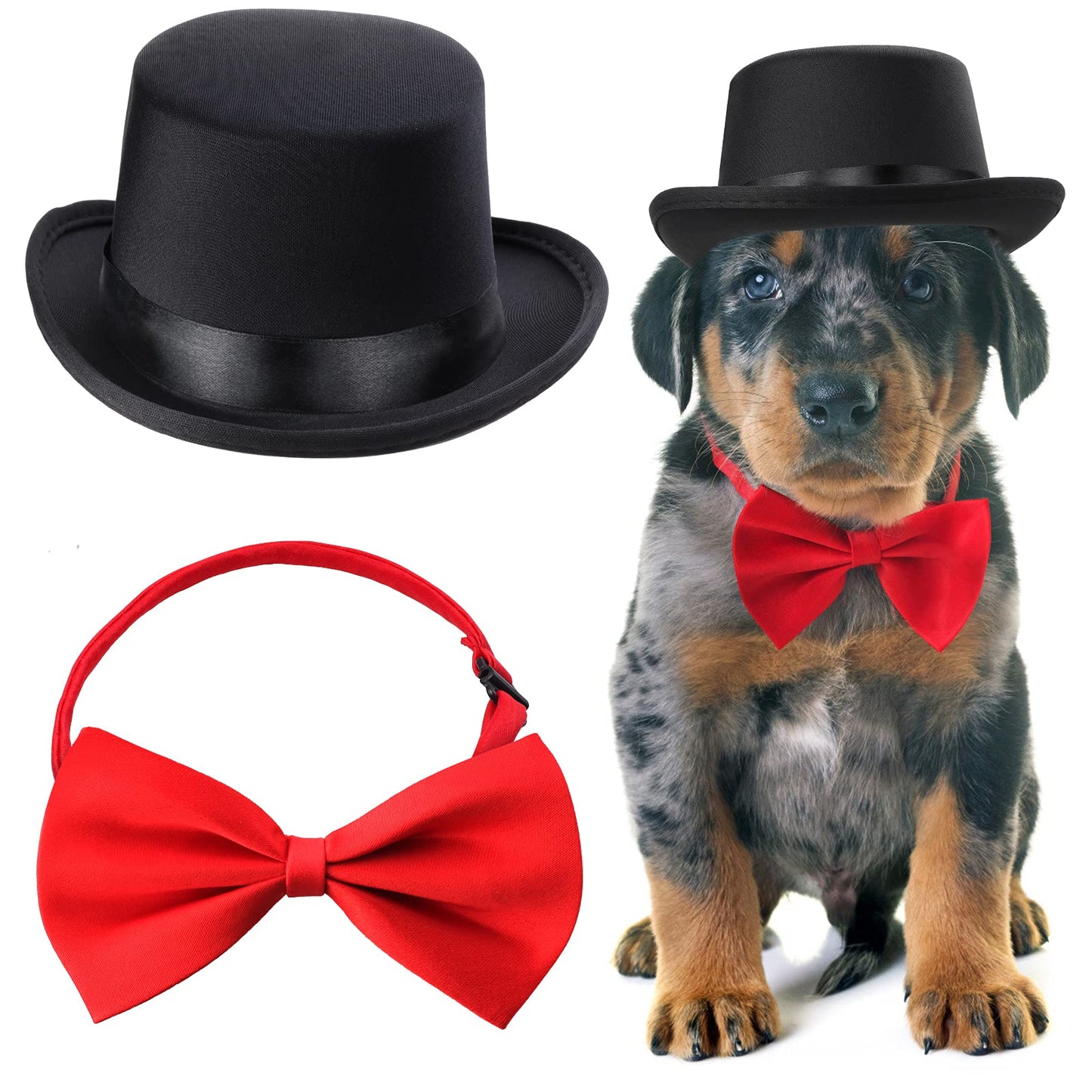 Yewong 2 Pieces Pet Formal Accessories Set - Pet Top Hat with Pet Formal Necktie/Bowtie Birthday Party Gradation Halloween Costumes Accessories for Dog Cat (Red-A) One Size