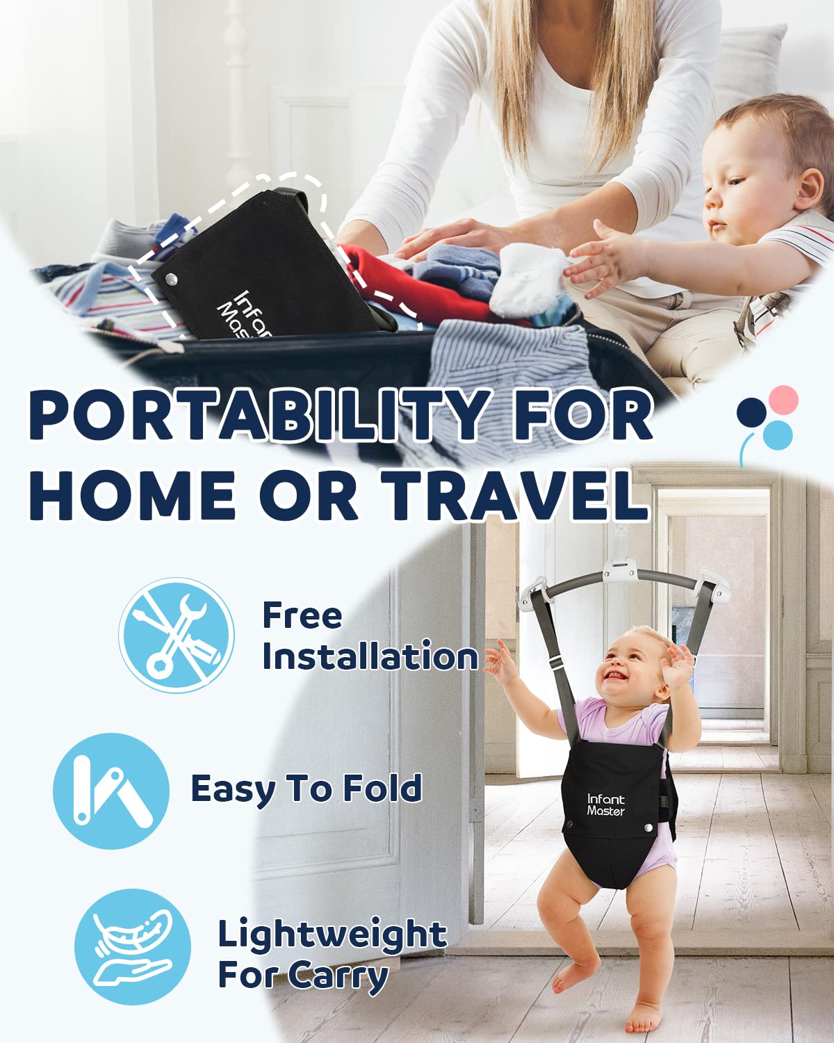 Infant Master Baby Doorway Jumpers, Sturdy Johnny Jumper Adjustable 10.8"-23.6" Strap, Soft Baby Johnny Bouncer w/Seat Bag, Protable Doorway Jumper and Boucer for Baby, Ideal Gift for Infant