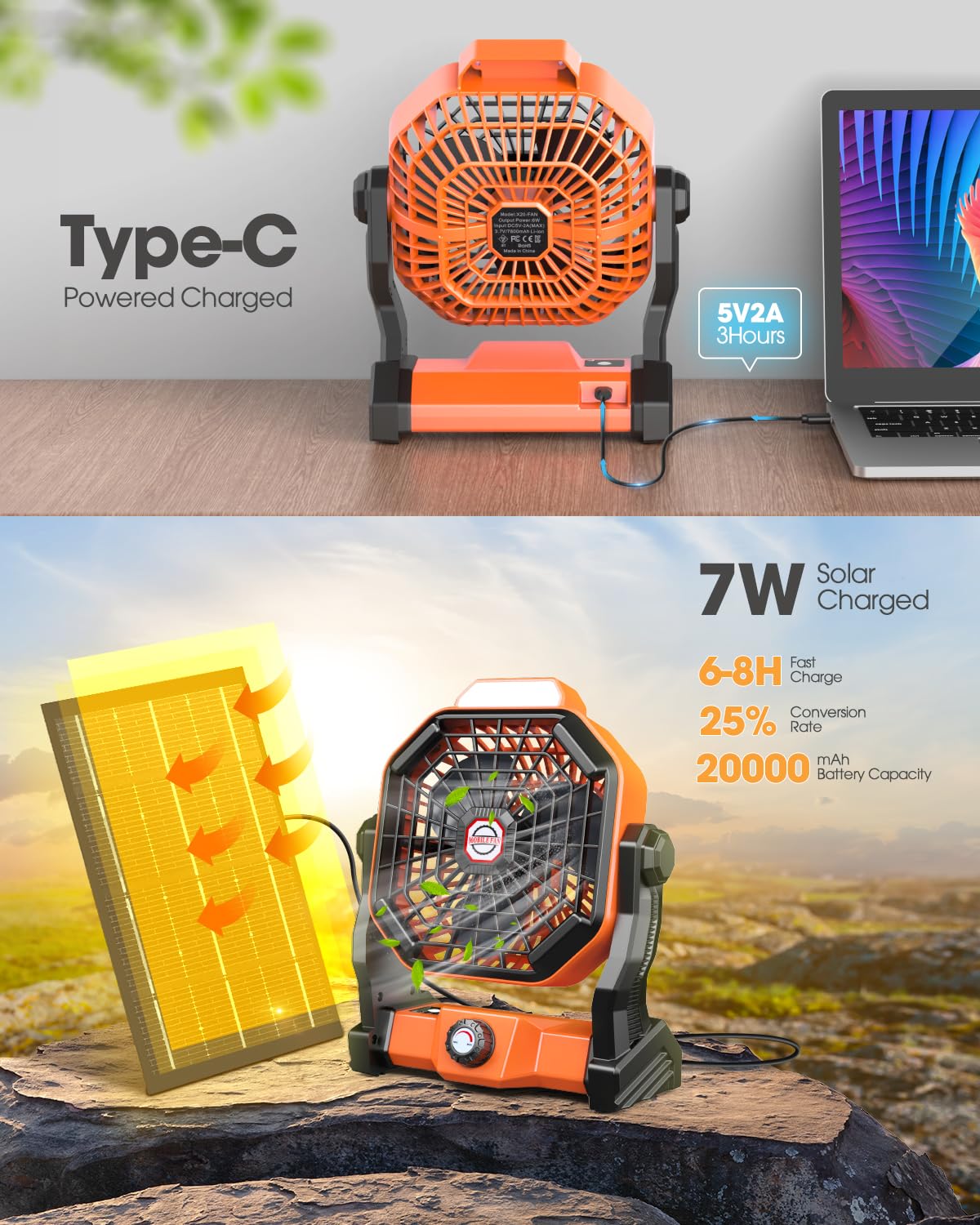 20000mAh Solar Fan, Camping Fan with Solar Panel, 7W 9-Inch Rechargeable Battery Operated Fans for Outside, LED Lantern, Stepless Speed and Quiet Battery Powered Solar Tent Fans for Outdoor, Barbecue