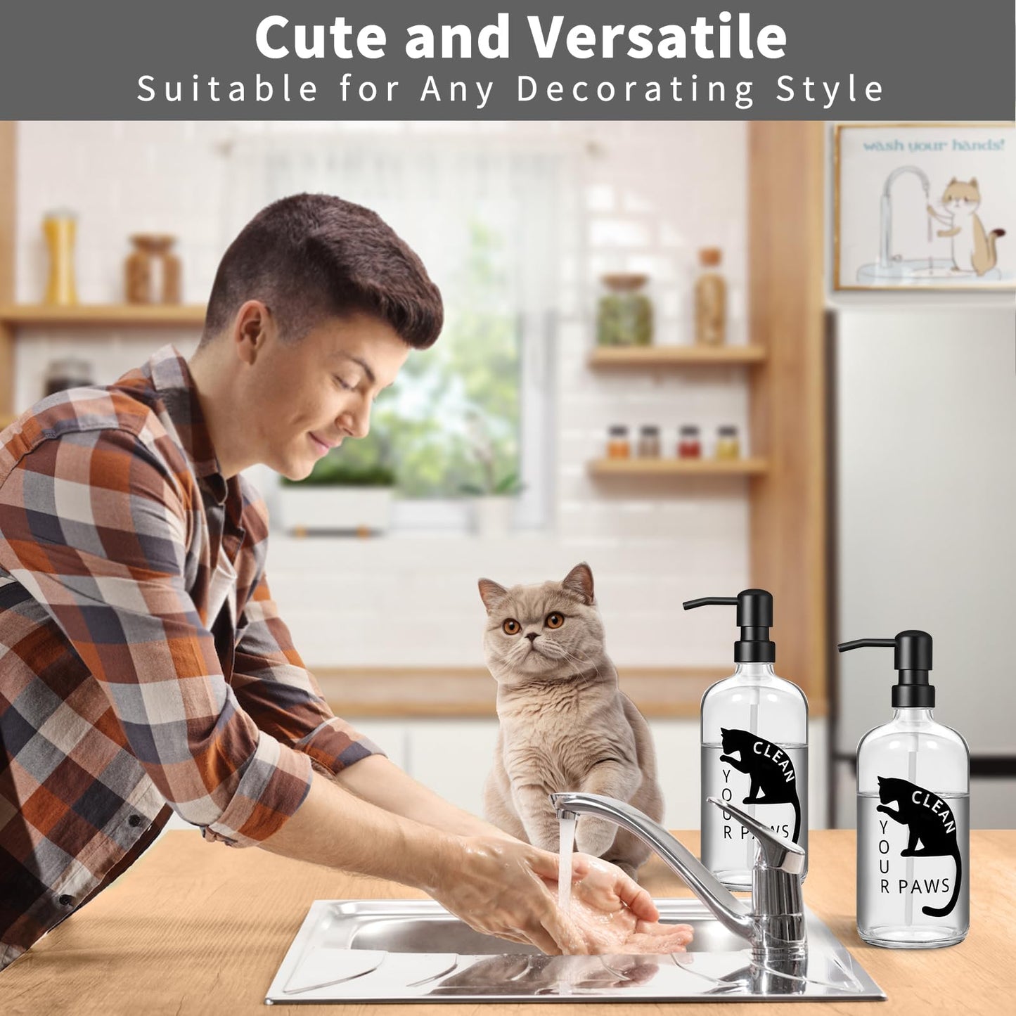 zuxzmj Black Cat Soap Dispenser 17 oz Clear Glass Hand Soap Bottle with 304 Stainless Steel Pump for Bathroom or Kitchen Countertop Cat Lover Gift Idea