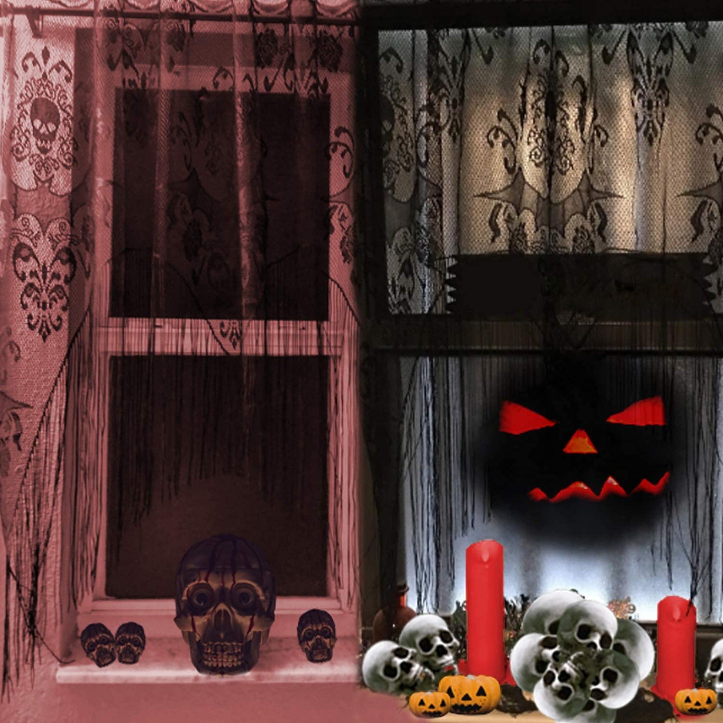 ZeeDix 2 Pcs Halloween Lace Skull Window Curtain- Black Tassel Door Curtain for Halloween Home Party Decorations, Party Supplies