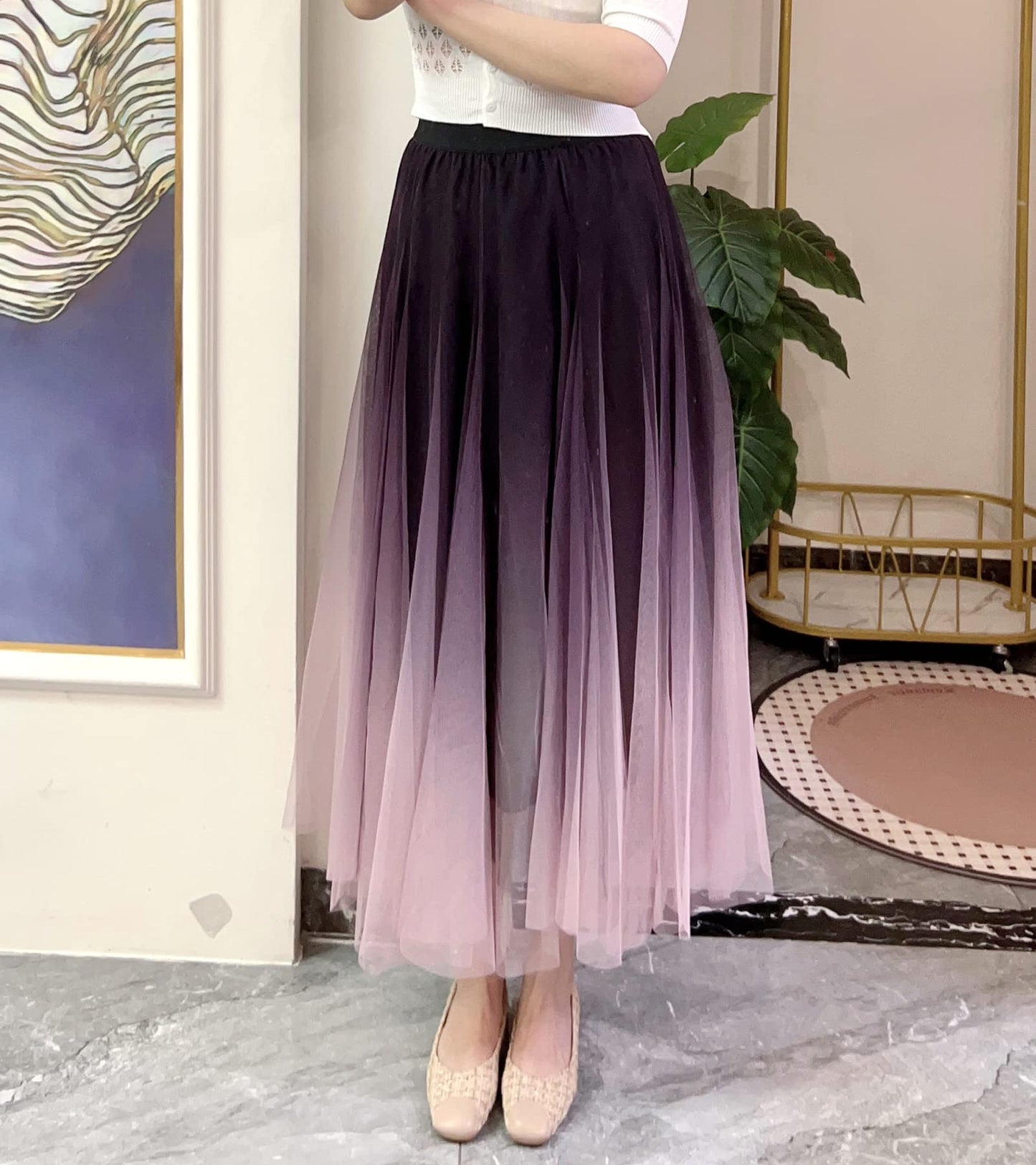 Women’s Tulle Skirts Midi Elastic High Waist Pleated Mesh Flowy A-Line Party Long Tutu Skirt Gradient Purple