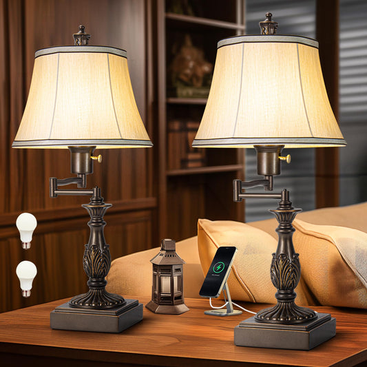 23.5" High Rustic Traditional 350° Adjustable Swing Arm Table Lamp Set of 2 with USB A+C Ports Brown Finish Cream Shade Vintage Nightstand lamp for Living Room Bedroom Office (Bulb Included)