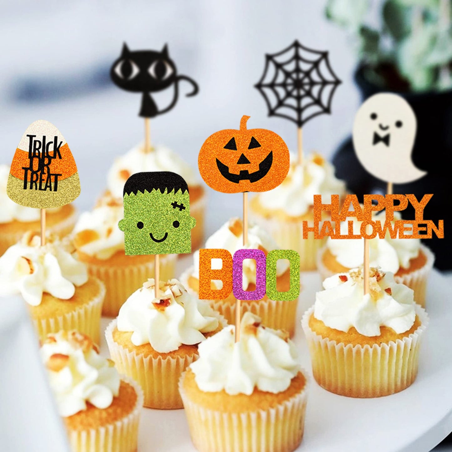 32 pcs Halloween Ghost Boo Glitter Cupcake Toppers Ghost Boo 32 Pack Cupcake Topper muffin for Halloween, Birthday Decoration Party Supply(Frankenstein)