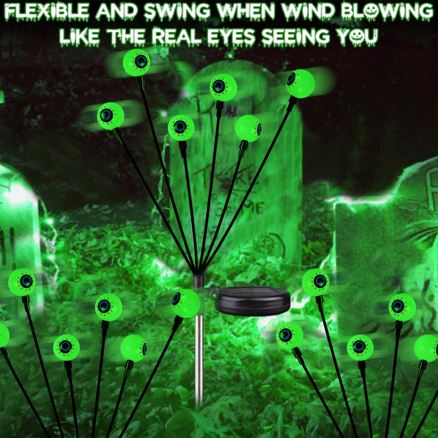 2025 Upgraded 6 Pack Halloween Decorations Outdoor, Green Solar Eyeball Lights, 36 LED Eye Balls Swaying Firefly Light Waterproof (Soft Glowing or Steady on) for Garden Lawn Pathway Grave Yard Decor