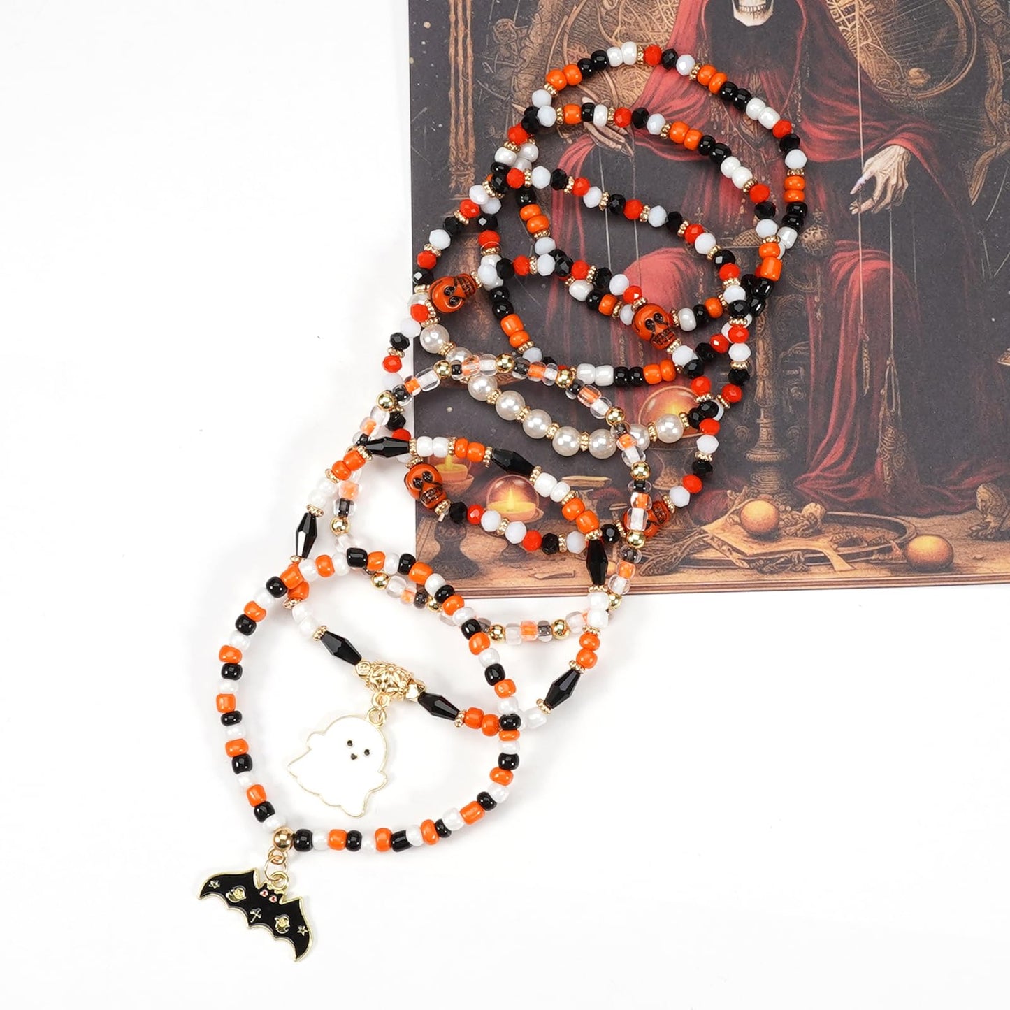 Lonext Halloween Bracelets Ghost Pumpkin Skull Skeleton Bat Spooky Bracelet for Women Boho Stretch Stack Bead Charm Heishi Bracelet