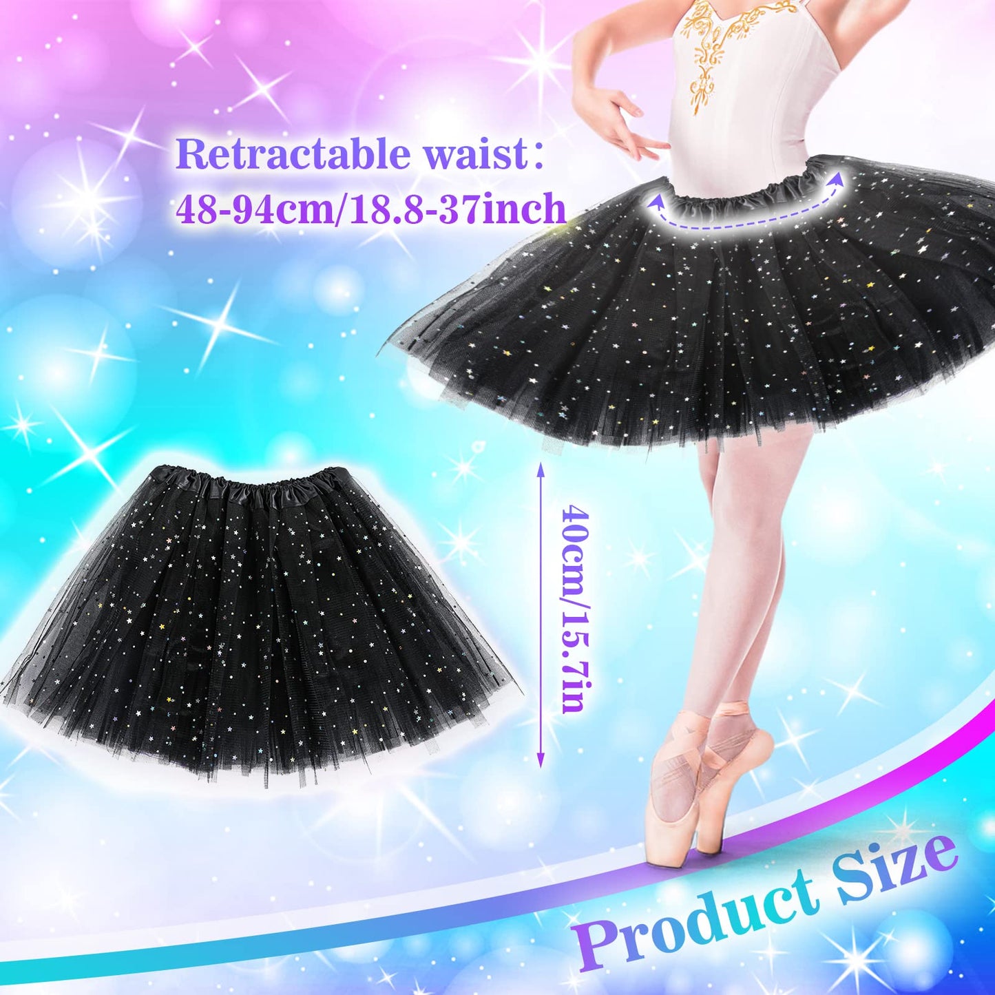 Yolev Tutu Skirts for Women Girls Adult Elastic 3 Layered Tulle Tutu Skirt with Sequin Stars Retro 80's Layered Bubble Skirt Running Skirt (Black)
