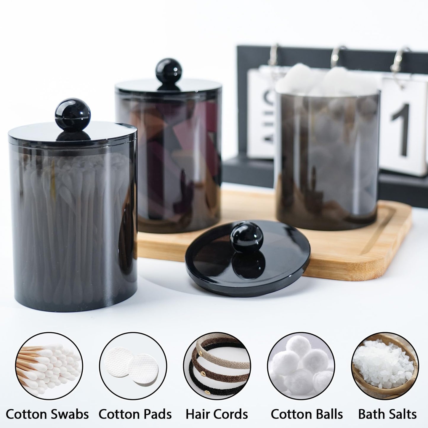 XIPENGKEJI 2 Pack Qtip Holder,Canister Apothecary Jar Set, Bathroom Jars with Lids Set for Cotton Swabs, Balls, Pads, Floss Picks,10oz-12oz Plastic Canisters Restroom Bedroom Vanity Organizer(Black)
