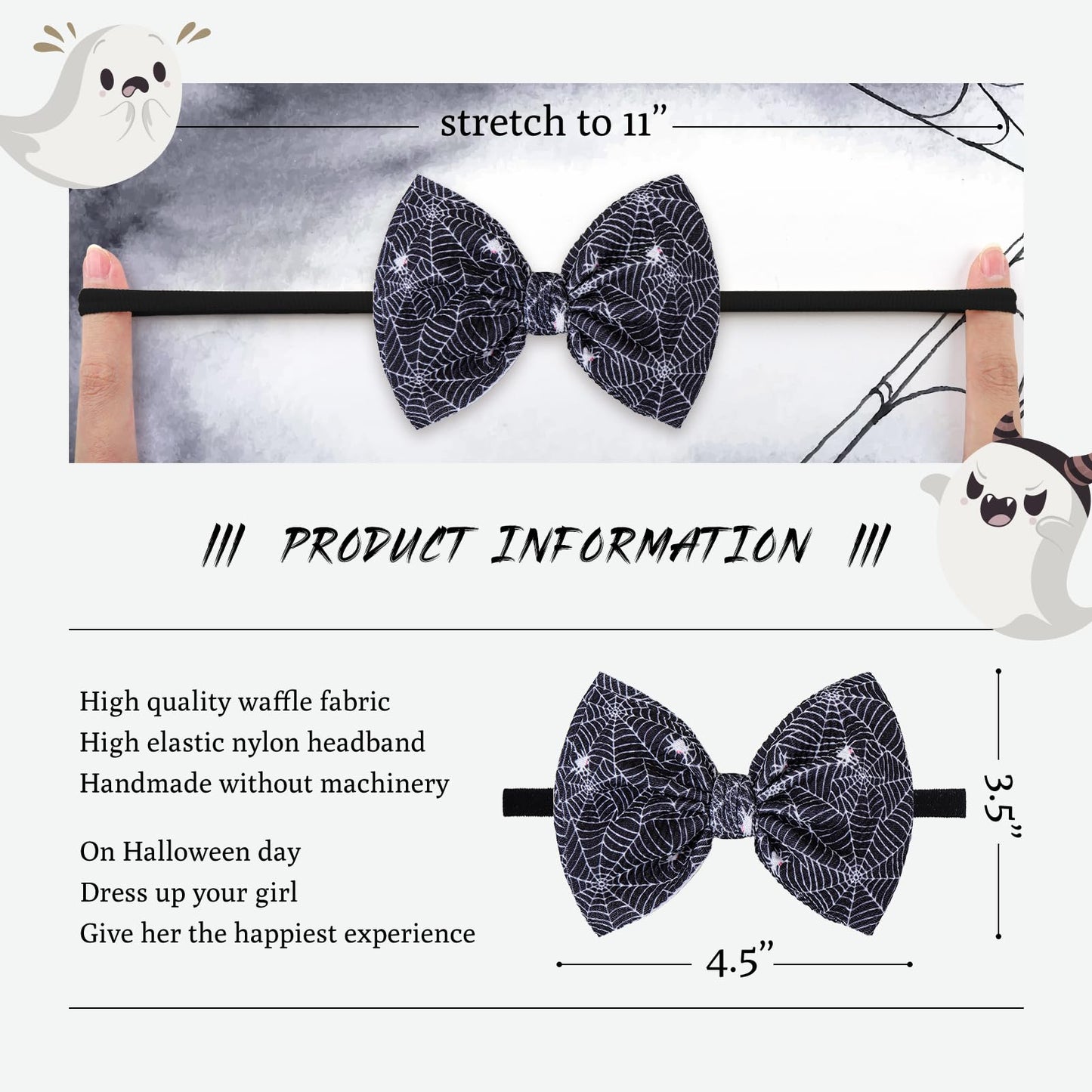 YanJie Halloween Bows for Baby Girls Elastic Nylon Headbands Toddler Girls Spider Hair Bows Ghost Hair Halloween Accessories Newborn