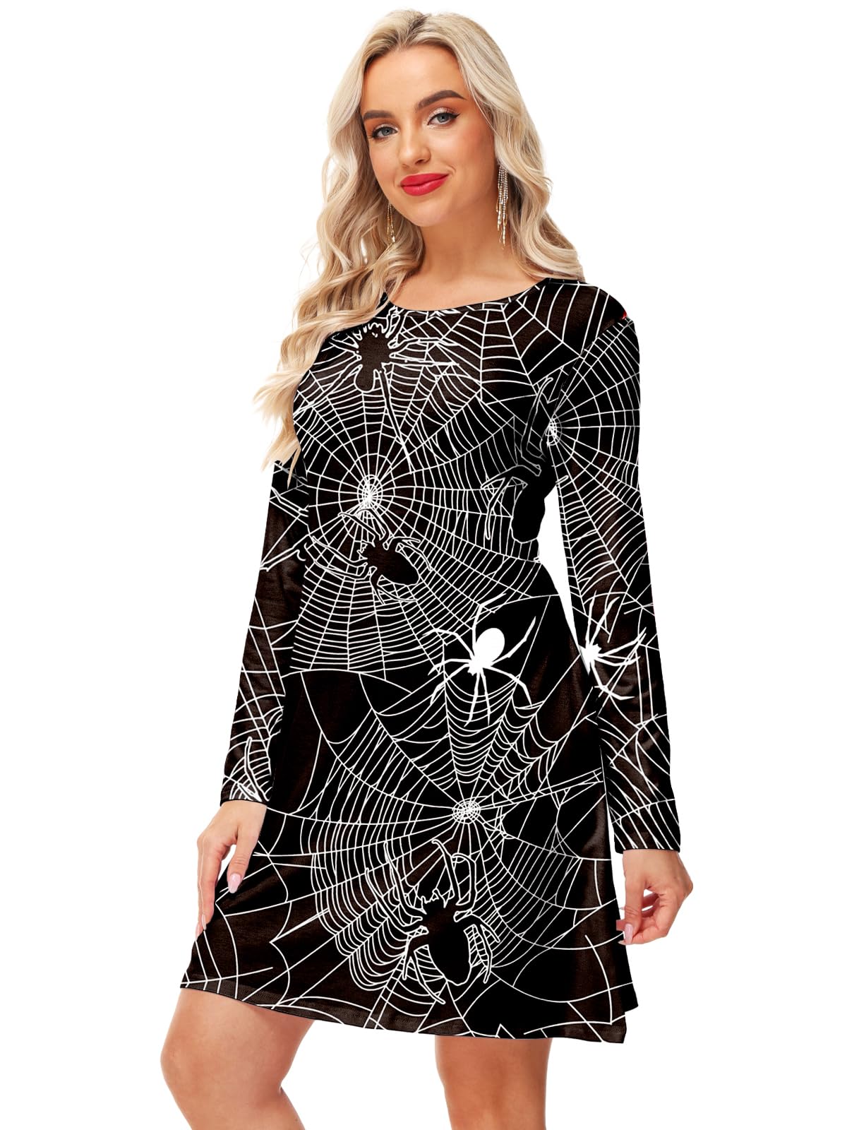 Womens Spiderweb Dress Halloween A-Lined Flare Holiday Dress with Pocket XL