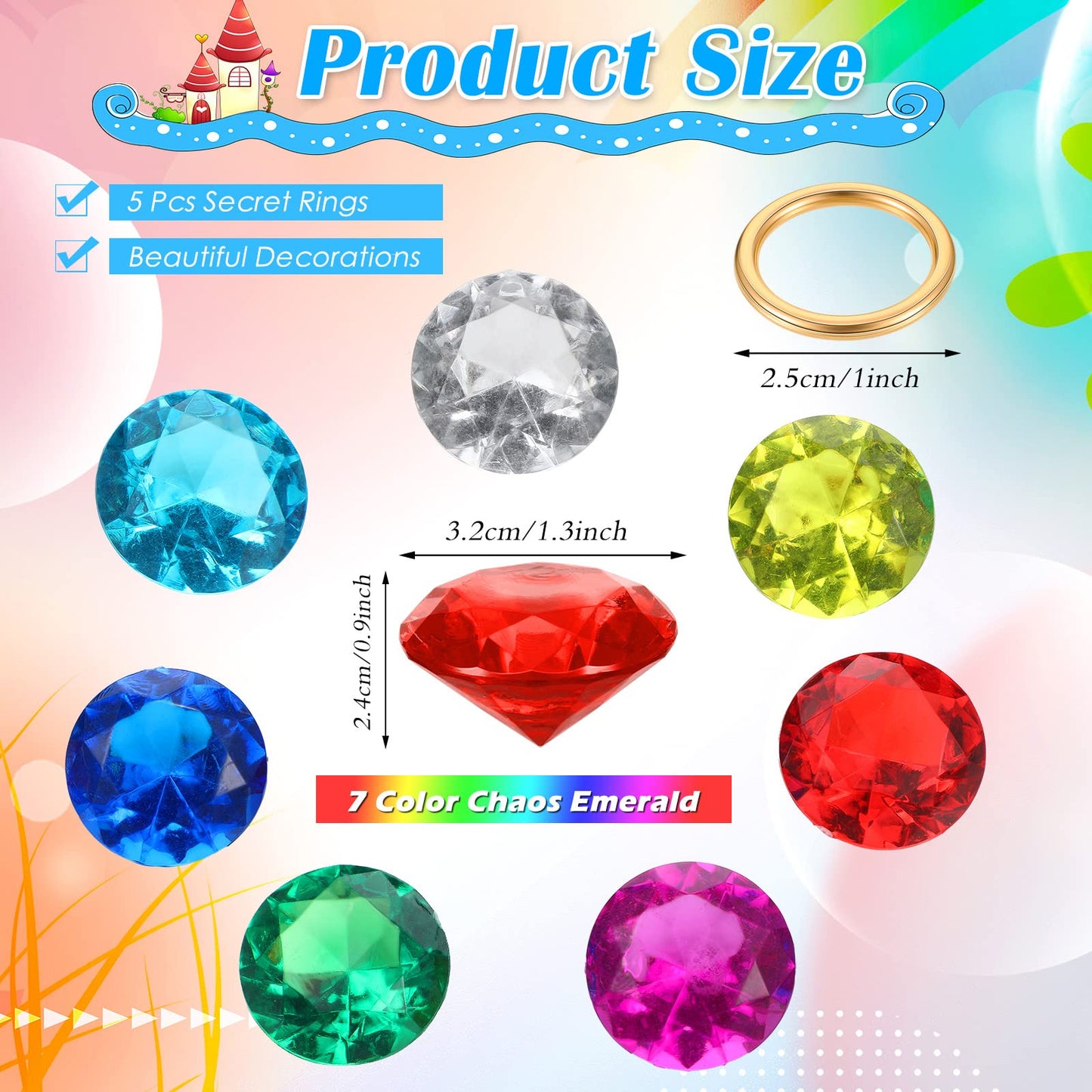ZCYSRLQIN 12 Pcs Gold Round Ring Set Acrylic Diamond Gemstone Jewelry Alloy Halloween Party Hunting Cake Ornament Gift Bag Blue Hedgehog Power Ring (Classical Style)