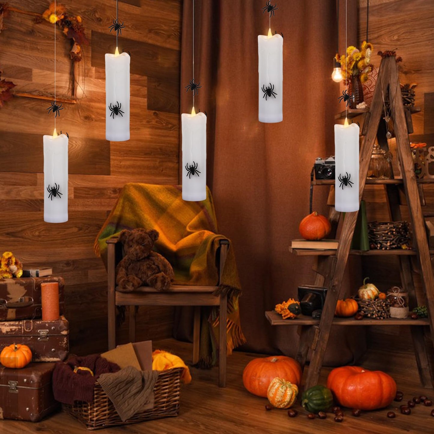 Wondise Halloween Flameless Floating Candle with Remote Timer, 4 Pack Battery Operated Hanging Candles with Spider Plastic LED Electric Candles for Halloween Decorations(White)