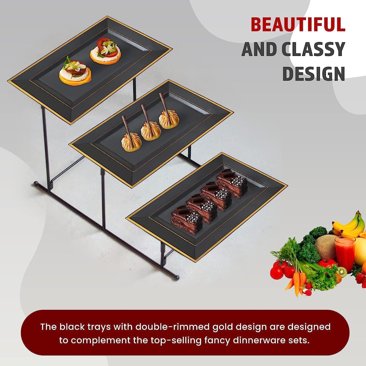 Yumchikel Black & Gold Rim Rectangular Plastic Serving Trays, 13 x 8 Inches, 6 Pack, Durable Disposable, Ideal for Food, Dessert, Cake, Drinks