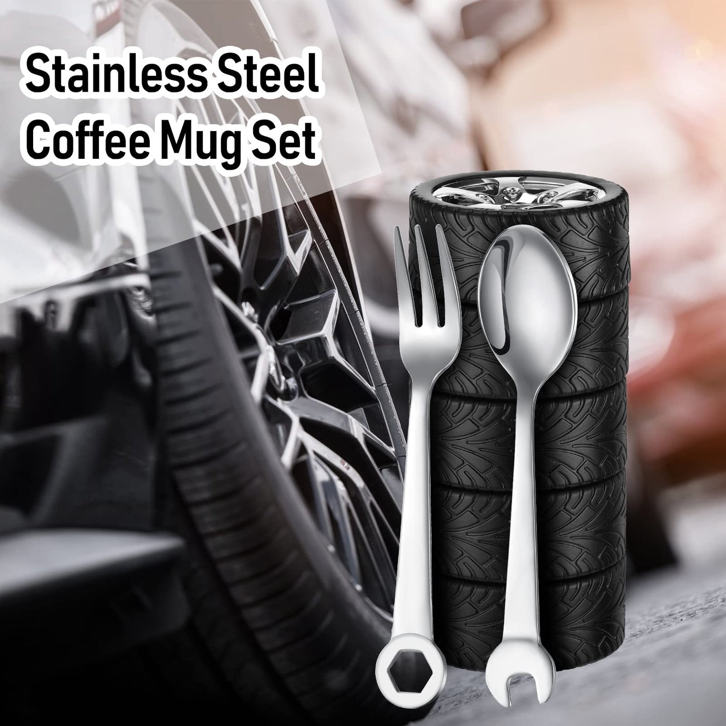 Yungyan 3 Pcs Tyre Water Bottle Gift for Man Fathers Day Dad Gifts Stainless Steel Coffee Tea Mug with Tool Fork and Spoon for Halloween Thanksgiving Christmas Valentine Car Lover Birthday Gift