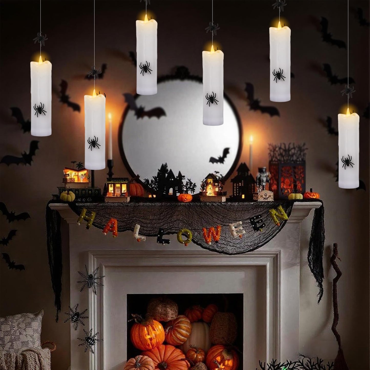 Wondise Halloween Flameless Floating Candle with Remote Timer, 4 Pack Battery Operated Hanging Candles with Spider Plastic LED Electric Candles for Halloween Decorations(White)