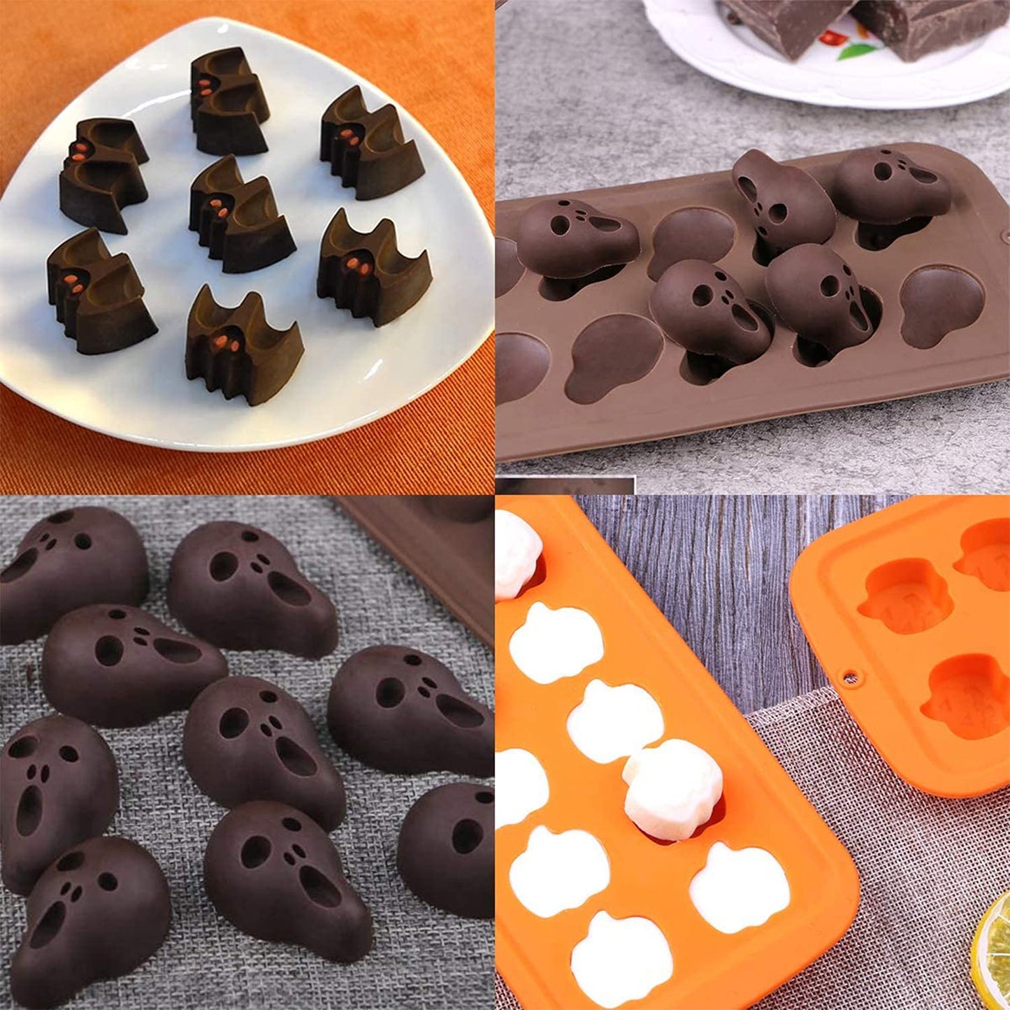 4 Pack Halloween Silicone Baking Molds,Pumpkin Skull Bat Wizard Hat Shape Cake Mold Chocolate Gummy Molds Ice Tray Cake Decor for Halloween Party Decorations Kitchen DIY Baking Tools