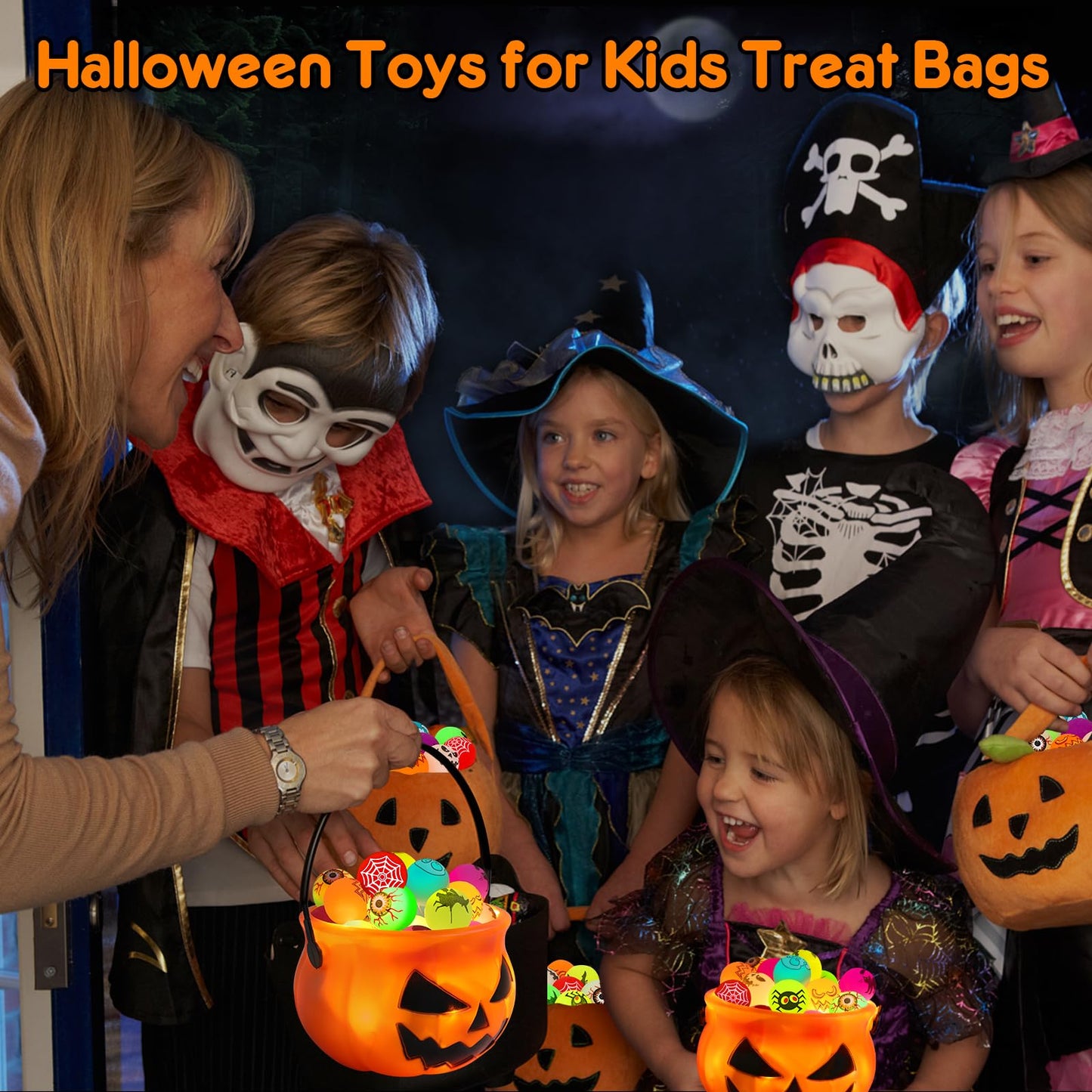 Yunaking Halloween Party Favors Kids Toys 64Pcs Halloween Toys Glow In The Dark Party Decoration Supplies Bouncy Balls Toy for Kids halloween Bag Fillers with Pumpkin Buckets Trick or Treat