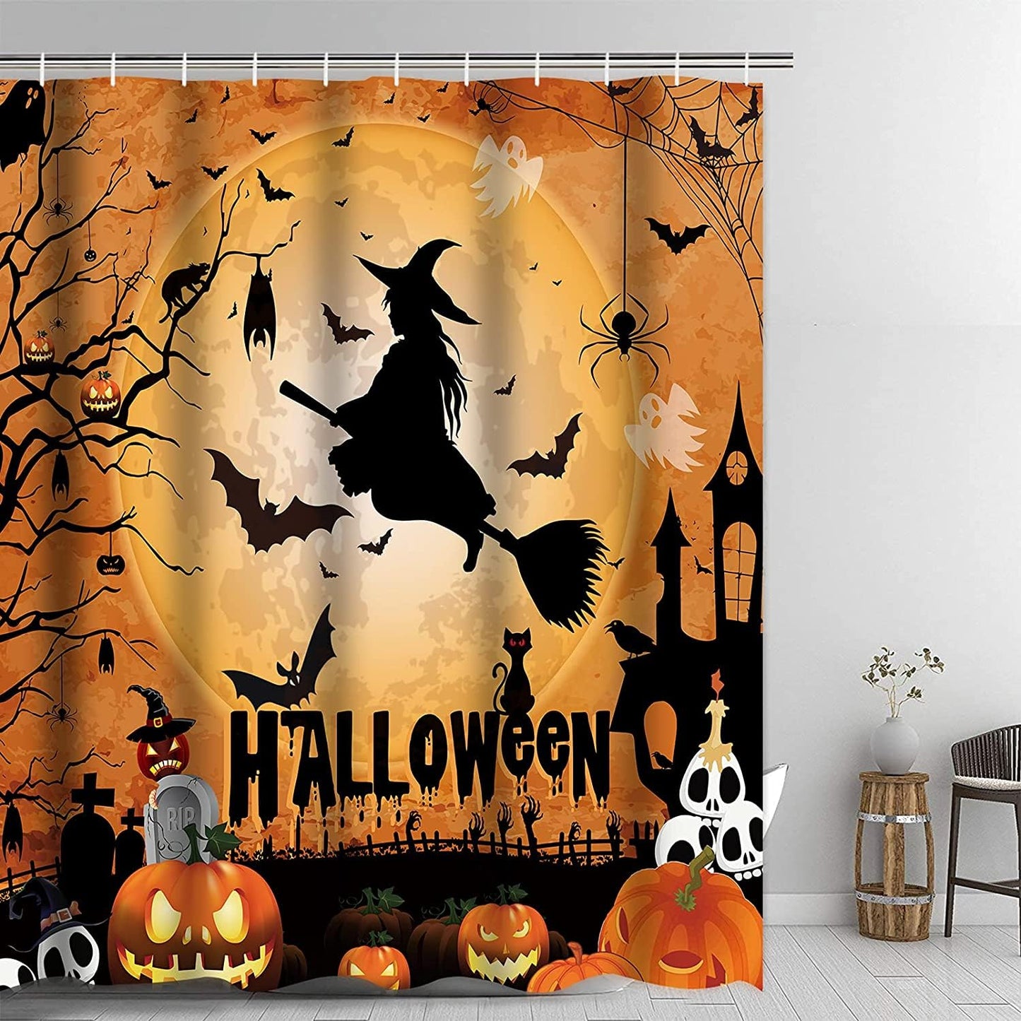 Yizheer Halloween 4Pcs Pumpkin Shower Curtain Sets with Non-Slip Rugs, Toilet Lid Cover and Bath Mat, Haunted House Waterproof Shower Curtains Bathroom Decor Set Halloween Decor