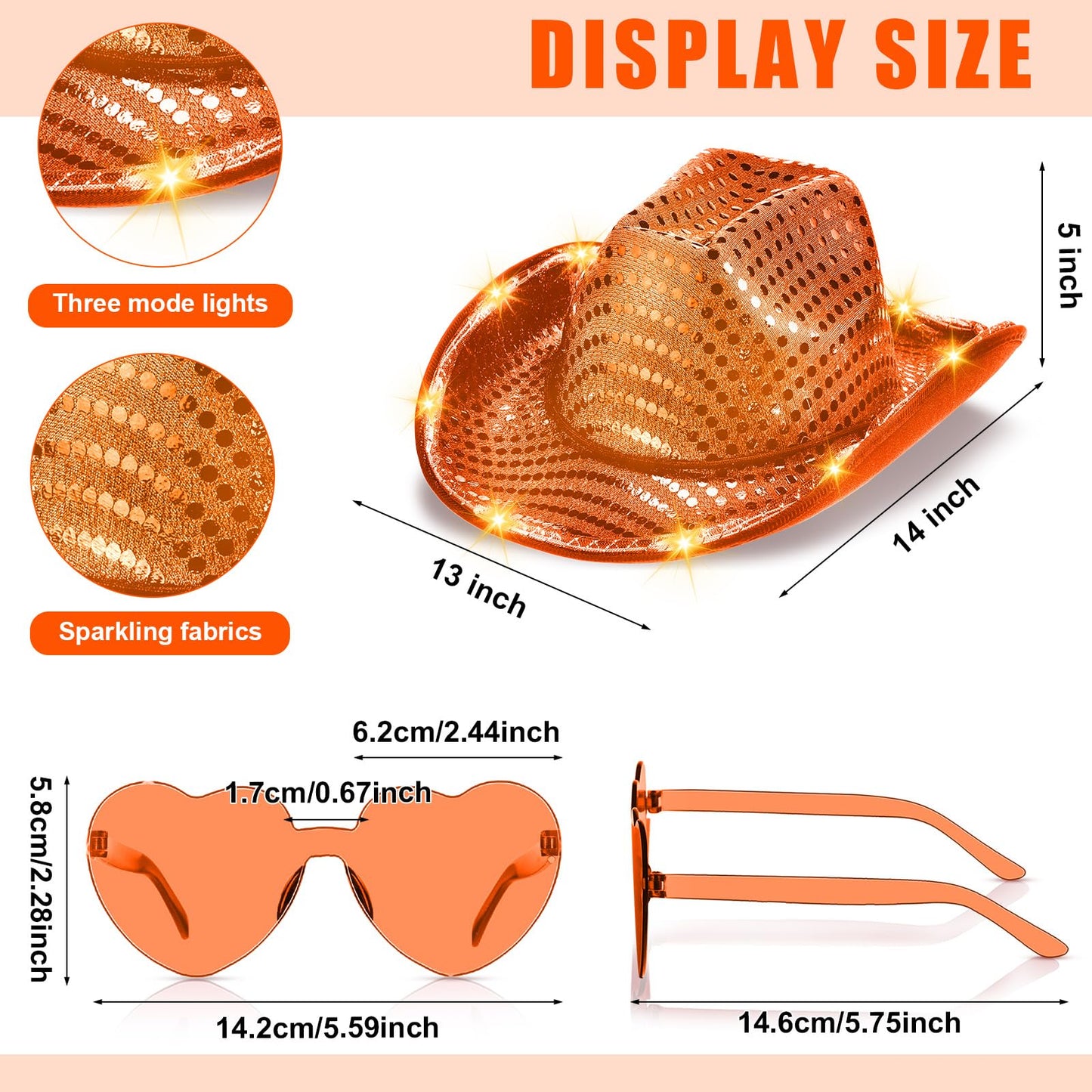Zhanmai 6 Set LED Cowboy Hat Light Up Glitter Cowboy Hat with Sunglasses Sequin Space Cowgirl Hat for Women Men Costume (Orange)