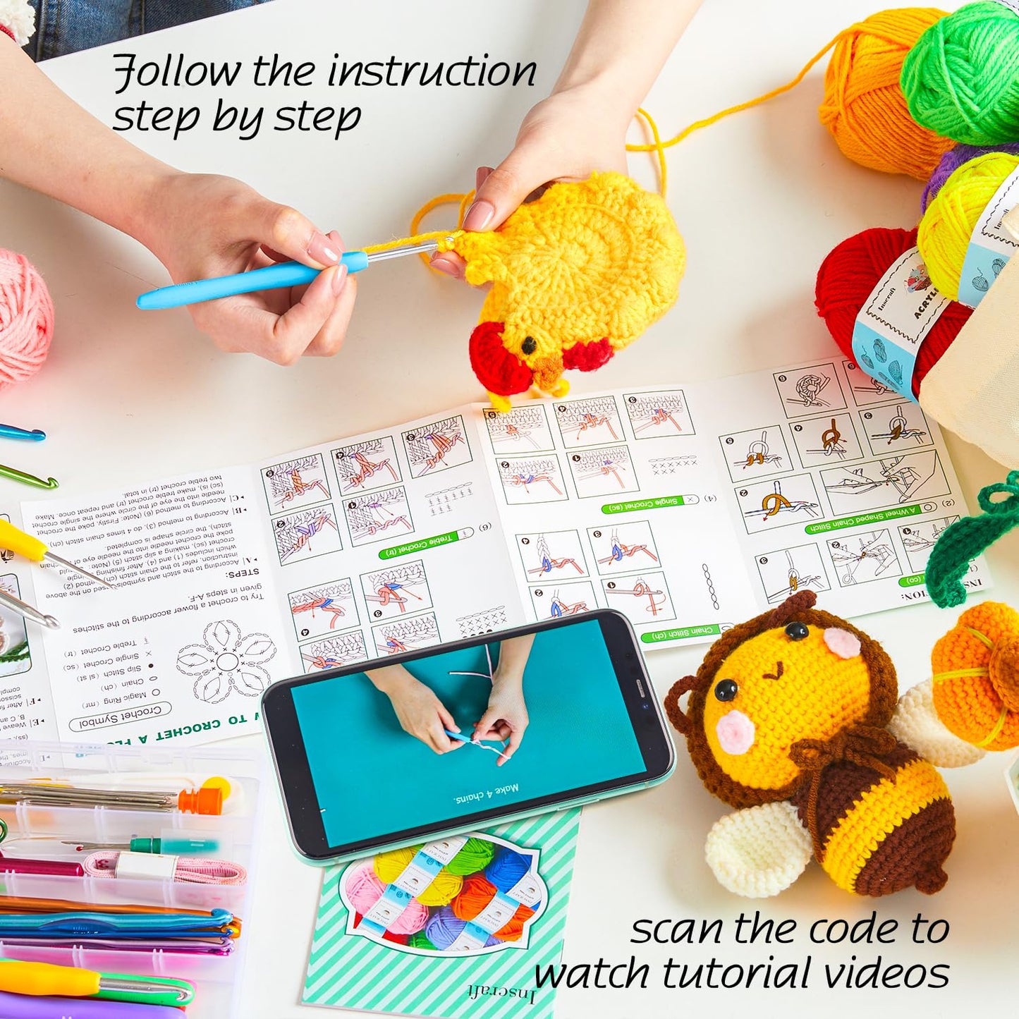 INSCRAFT Crochet Kit for Beginners Adults, 30 Acrylic Yarn Skeins 1650 Yards Yarn, 105 PCS Crochet Kit with Hooks Yarn Set,includes Canvas Tote Bag, Ideal Starter Pack for Kids Professionals