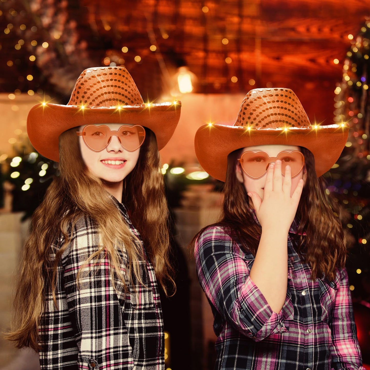 Zhanmai 6 Set LED Cowboy Hat Light Up Glitter Cowboy Hat with Sunglasses Sequin Space Cowgirl Hat for Women Men Costume (Orange)