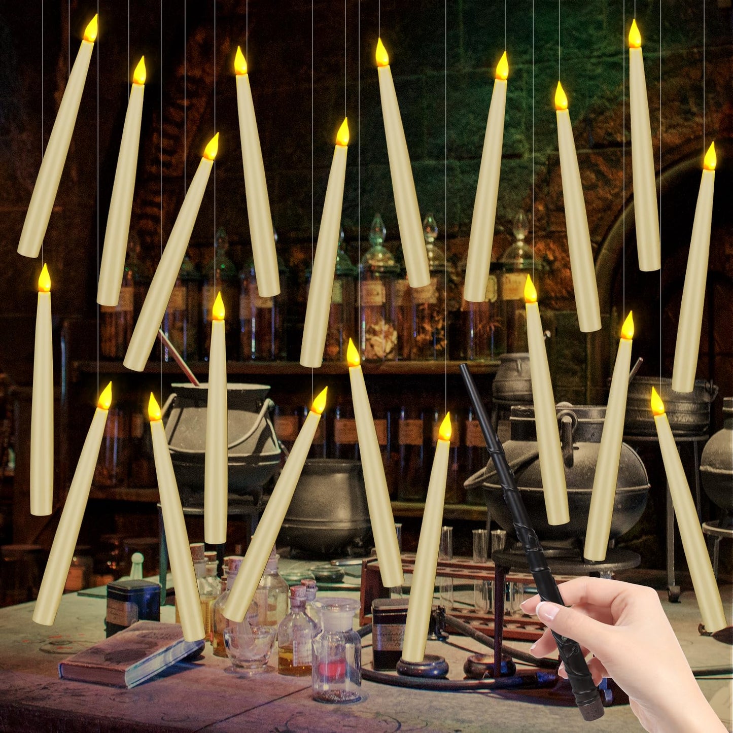 20 Pack Halloween Decorations Floating Candles with Wand,Magic Flameless Candles Flickering Warm Light LED Taper Candles Hanging for Harry Potter Christmas Witch Wizard Wedding Birthday Party Décor
