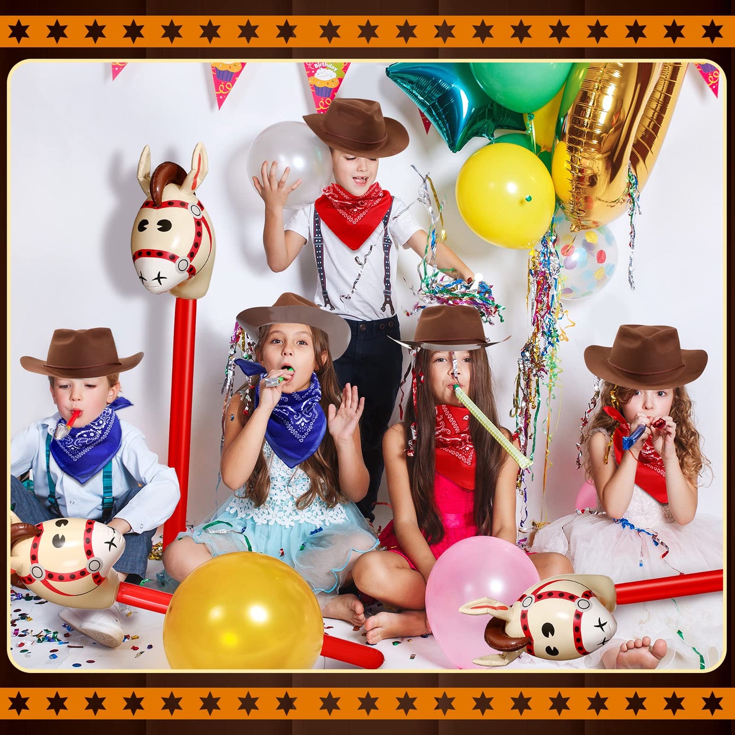 Xtinmee 36 Pcs Cowboy Party Costume Set, Cowboy Hats Paisley Bandanas Inflatable Stick Horses Kids Halloween Party Supplies(Classic Style,Brown)