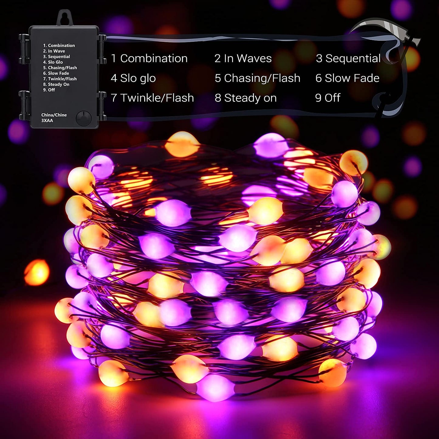 Lomotech Orange Purple Halloween Lights, 2 Pack 16.4ft 50 LED Battery Operated Halloween Fairy Lights with Timer Function, 8 Modes Waterproof Twinkle Lights for Halloween Decorations (Black Wire)