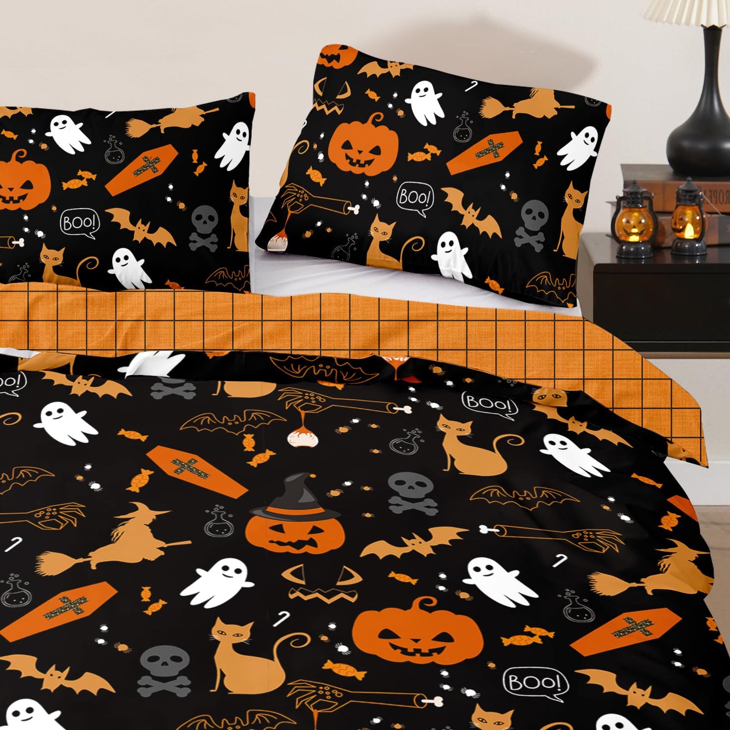 WONGS BEDDING Halloween Duvet Cover Set Queen Size,Black Bedding Set with Halloween Theme Pumpkin Witch Ghost Skull Black Cat Bat Patterns Duvet Cover for Halloween 90"x90"(Not Comforter)