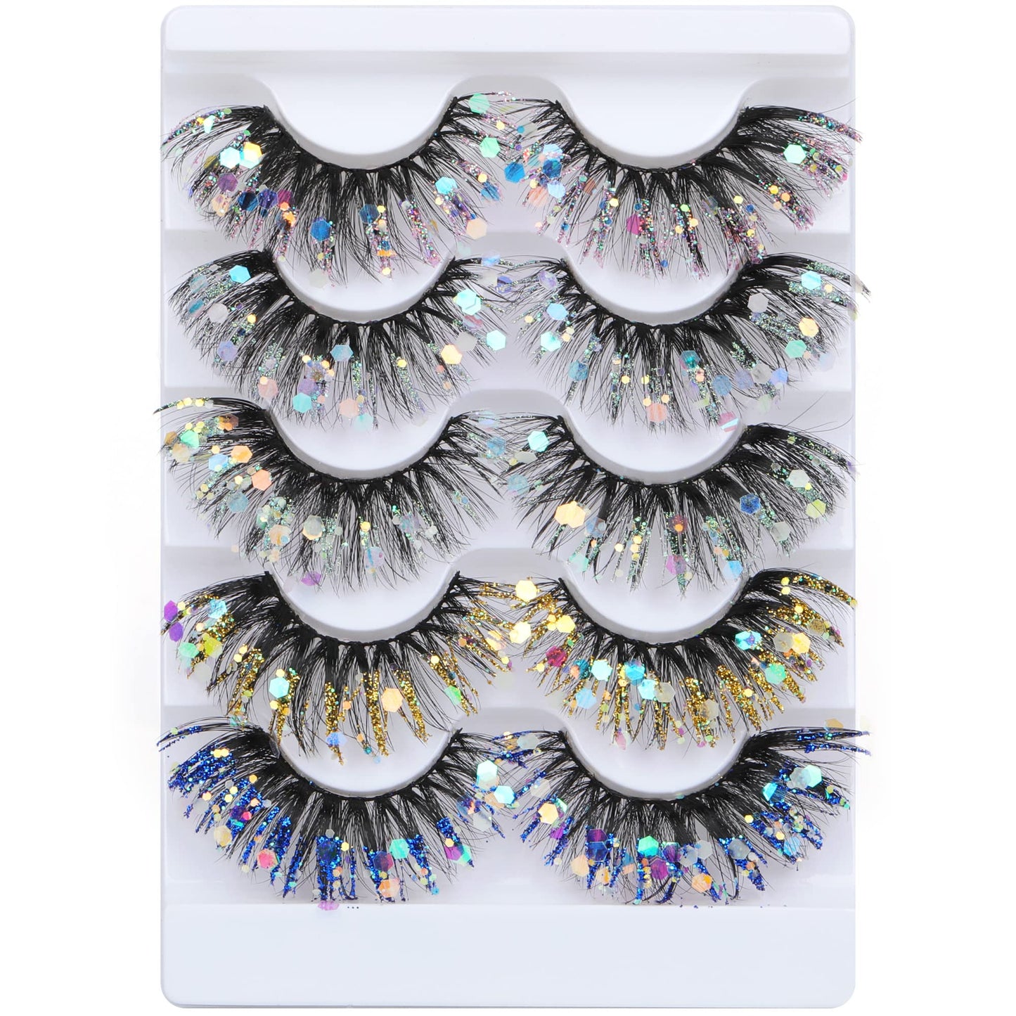Zegaine Glitter Colored False Eyelashes Wispy 5 Pairs Dramatic Cat Eye Festival Lashes Pack 5 Styles