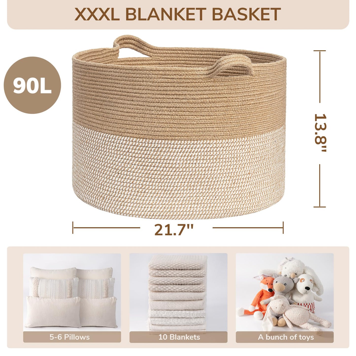 INDRESSME Extra Large Woven Baskets for Storage, 21.7'' x 13.8'' Wicker Basket with Handle for Blankets, Big Laundry Baskets for Clothes, Pillows, Towel, Shoe Basket for Entryway, 90L White Jute