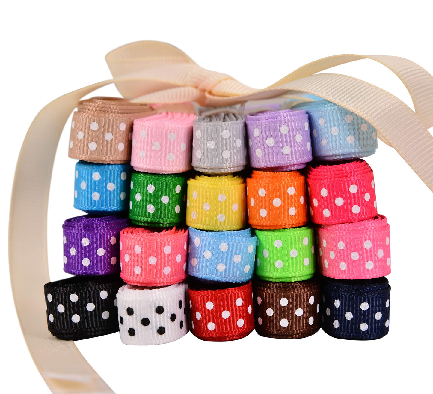 YAMA Polka Dot Grosgrain Ribbons Set - 3/8'' 40 Yards for Christmas Gift Ribbon Wrapping, Hair Bow Accessories DIY, 20x2yd Swiss Dot Fabric Ribbon